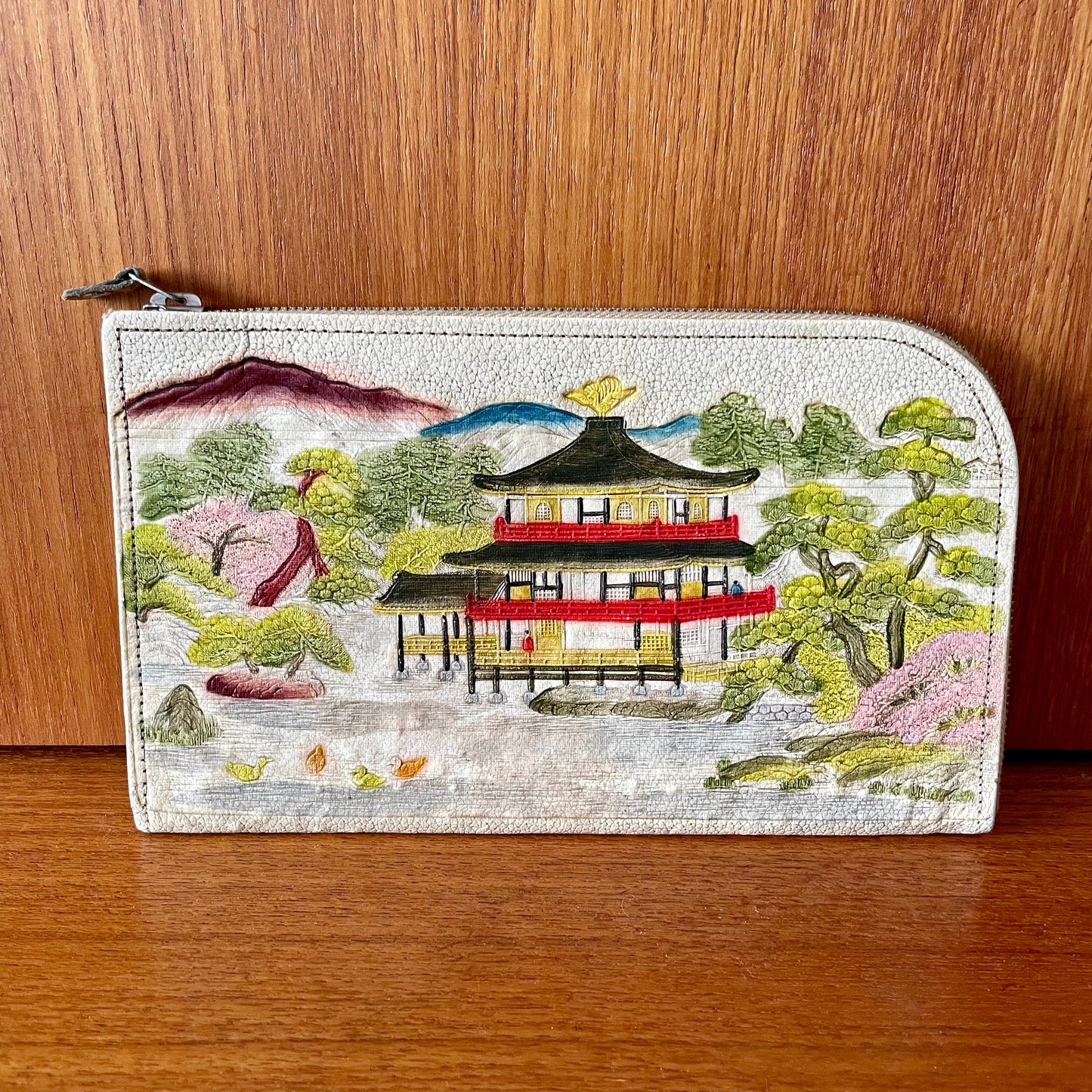 Japanese Handpainted Leather Pagoda Clutch Vintage Bag