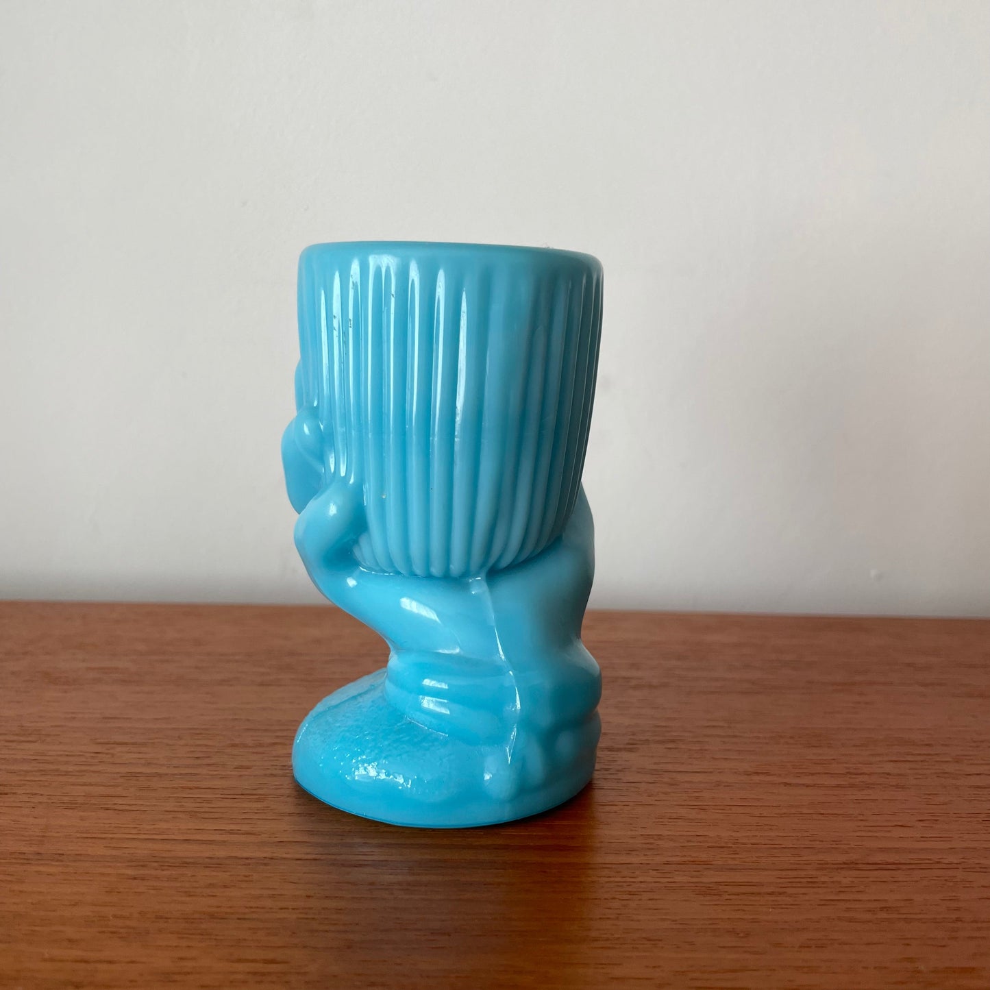 Vintage 1920s French Blue Milk Glass Hand Holding Goblet Cafe Cocktail Stick Holder