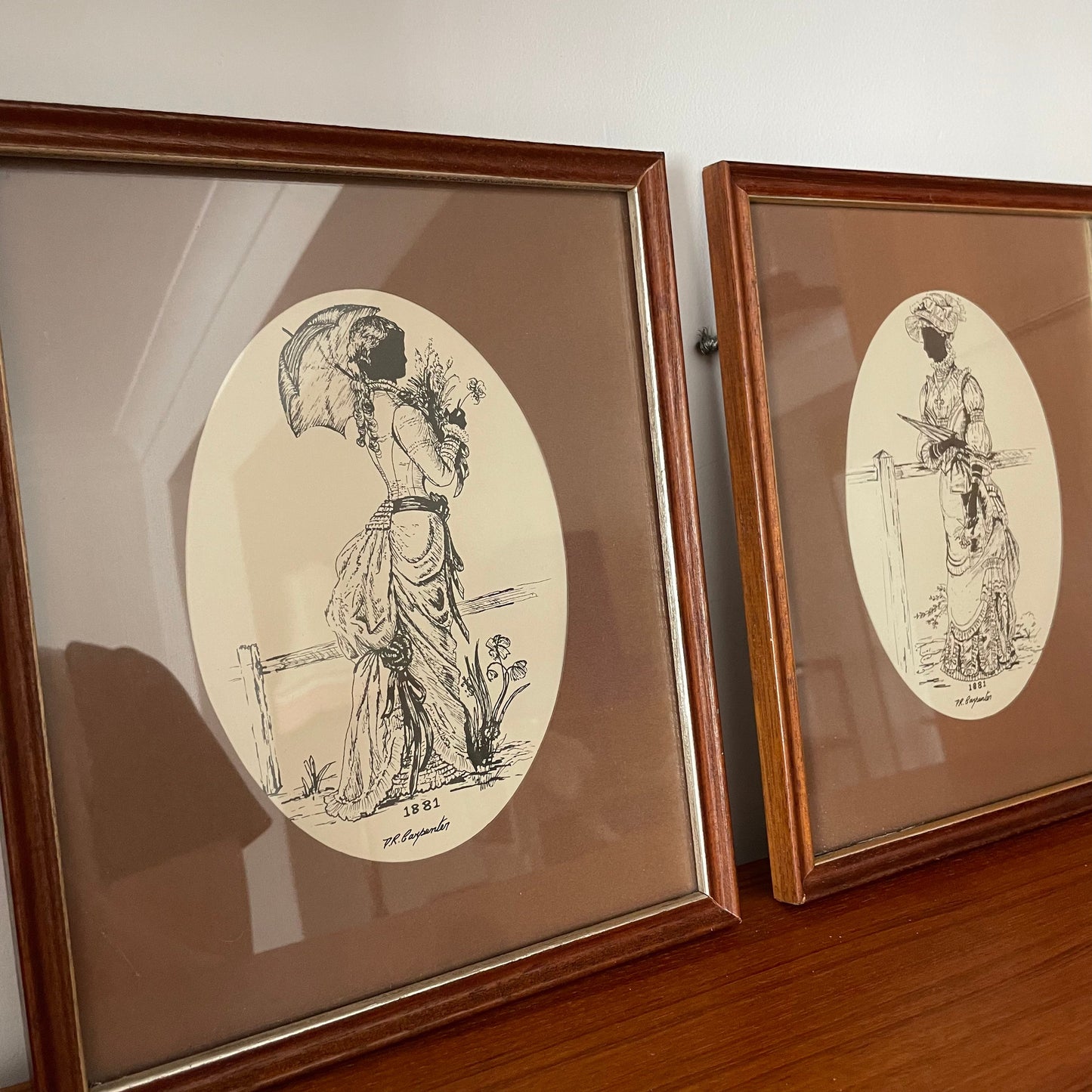 Antique Victorian Fashion Dresses Vignette Artworks Set of Two