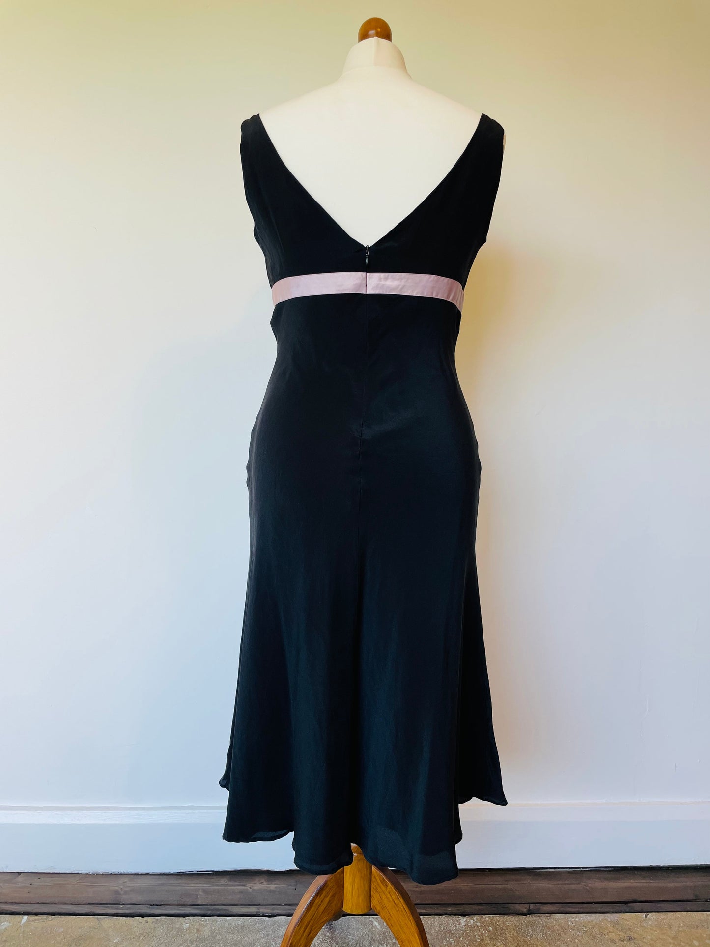 Vintage Black Silk VNeck Fit and Flare Dress with Ribbon