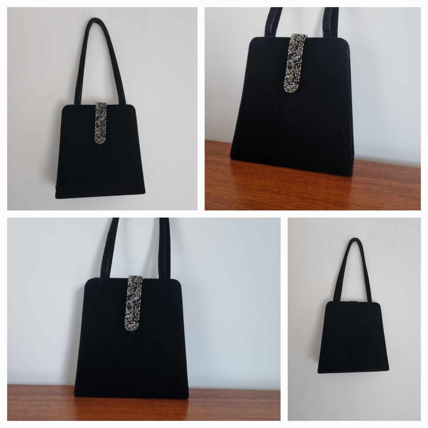 Velvet Evening Black Beaded Fastening Handbag Vintage Charm