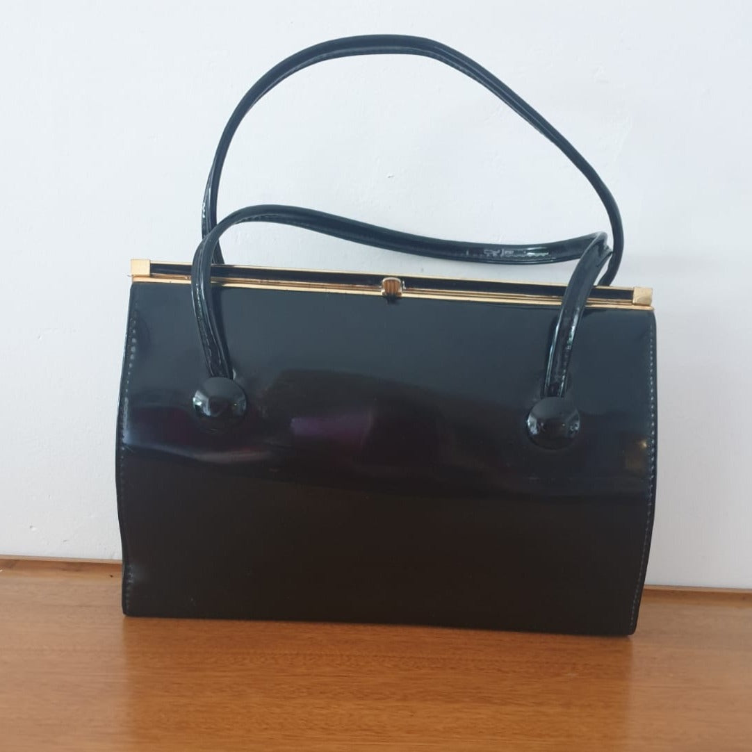 Black Patent Top Handle Handbag Vintage for Elegant Outings