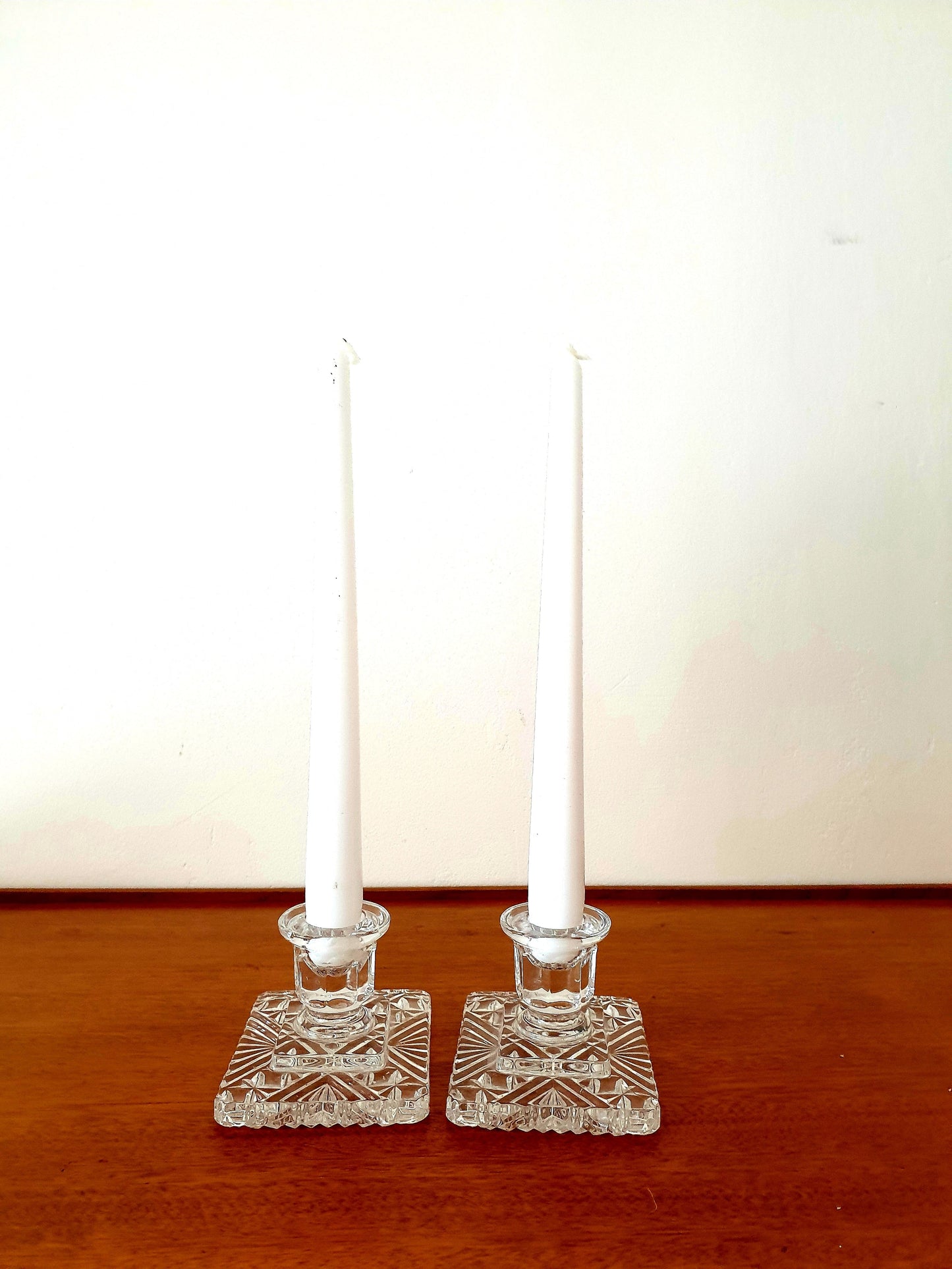 Glass Square Base Candleholder Pair with Candles for Home Décor