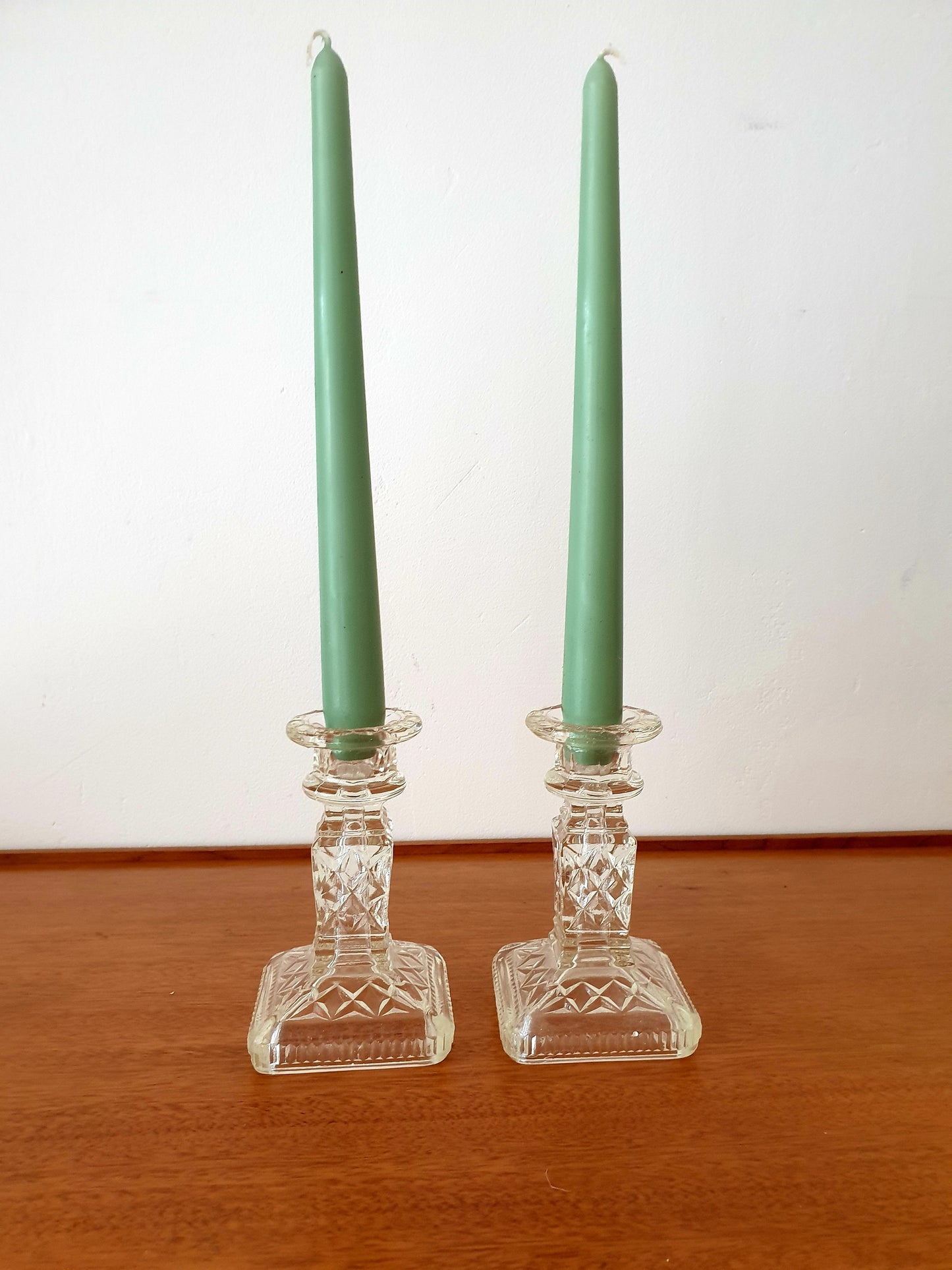 Elegant Etched Yellow Glass Candleholder Pair with Candles