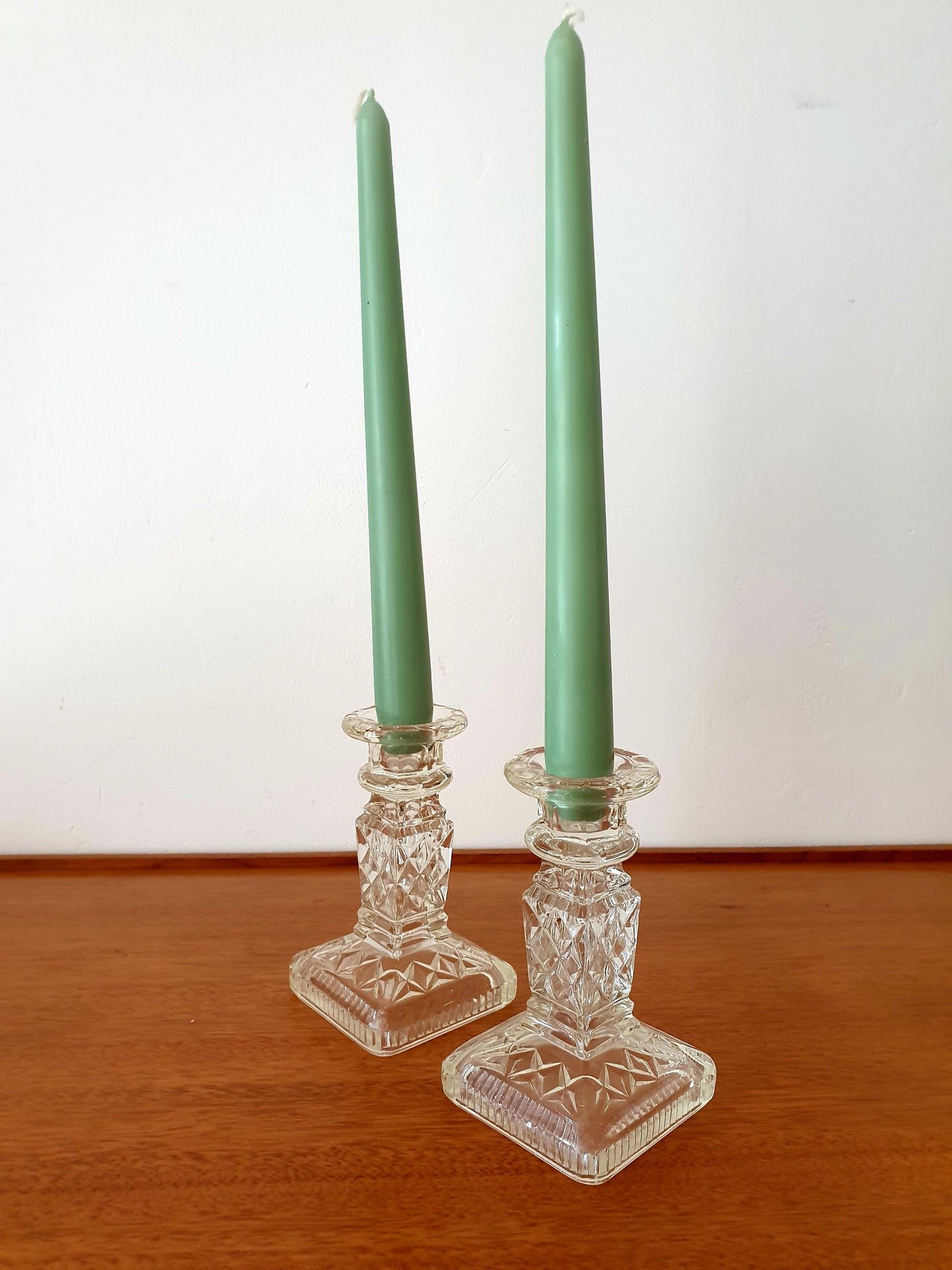 Elegant Etched Yellow Glass Candleholder Pair with Candles