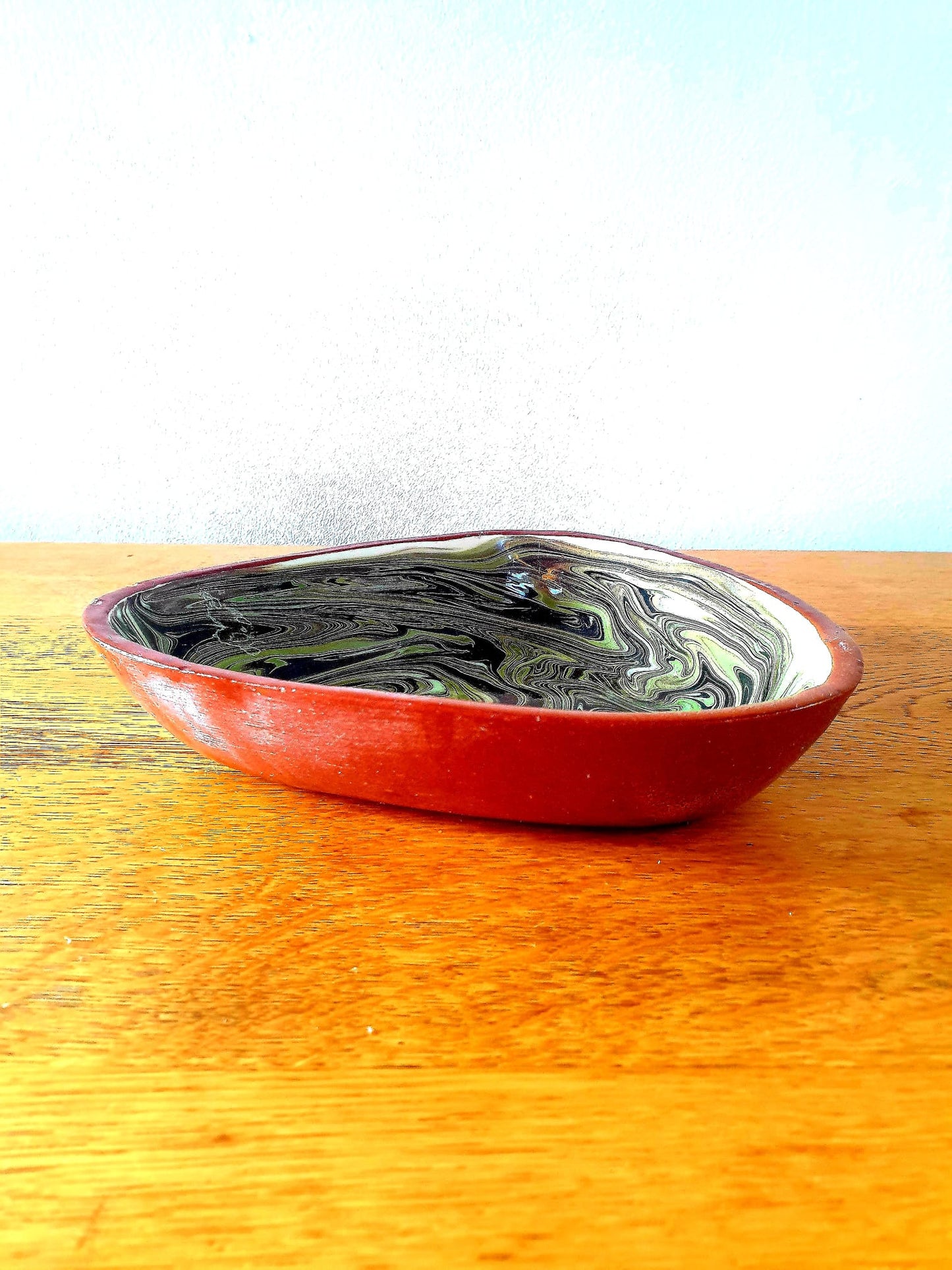 Vintage Green Marbled Handmade Pottery Dish for Home Décor