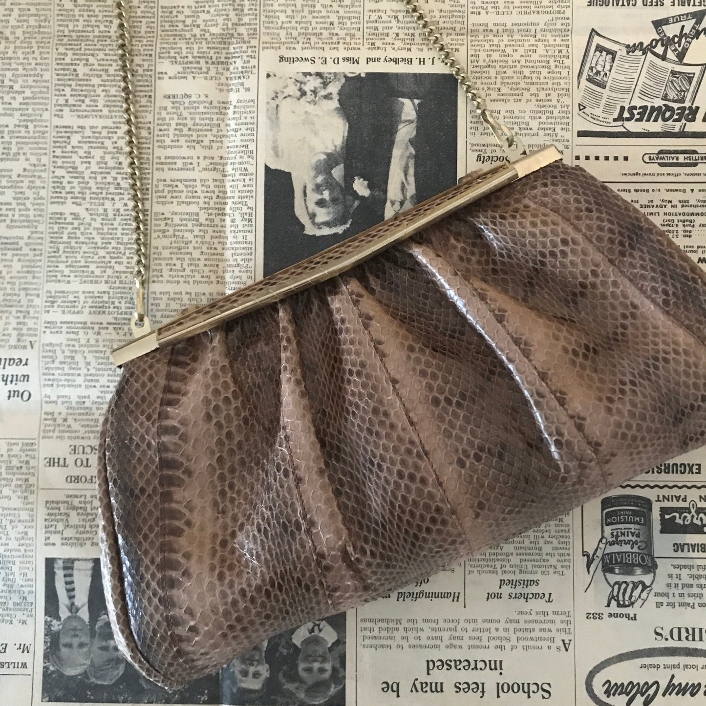 Brown Snakeskin Leather Shoulder Bag with Gold Chain Strap Vintage