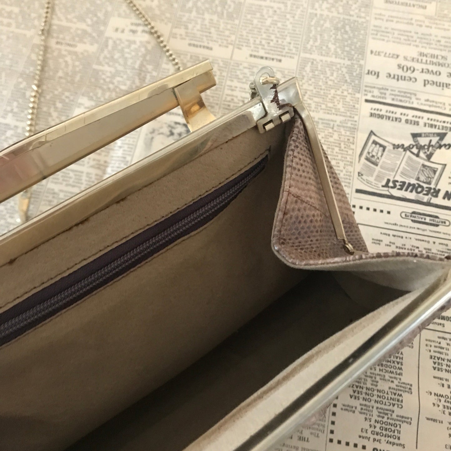 Brown Snakeskin Leather Shoulder Bag with Gold Chain Strap Vintage