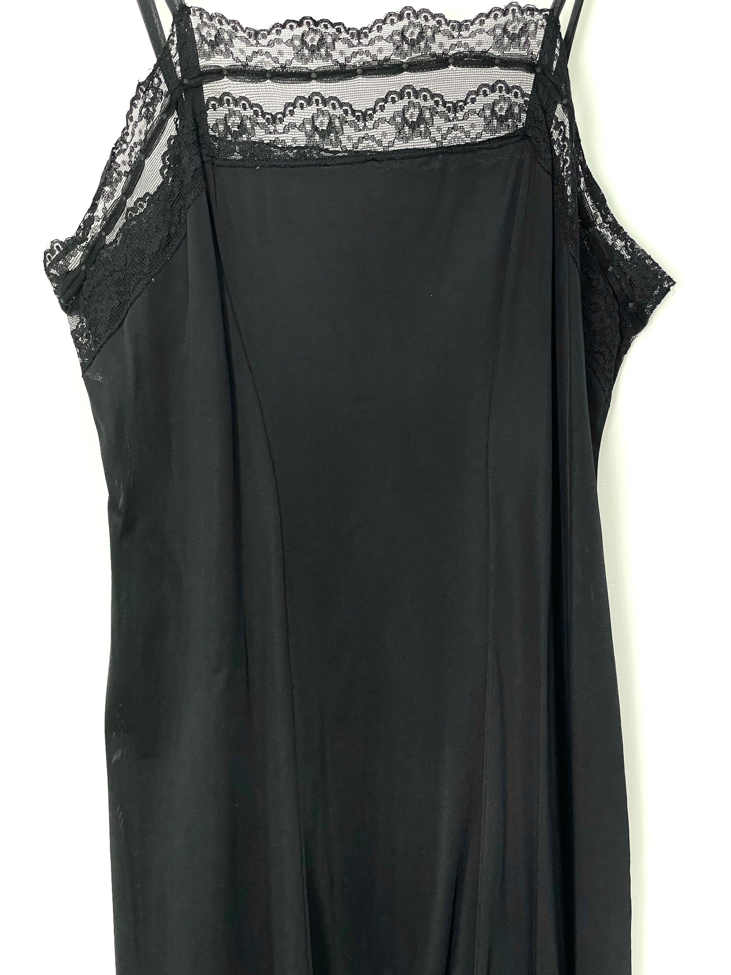 Vintage Black Mid Length Pleated and Lace 1920s Slip Dress