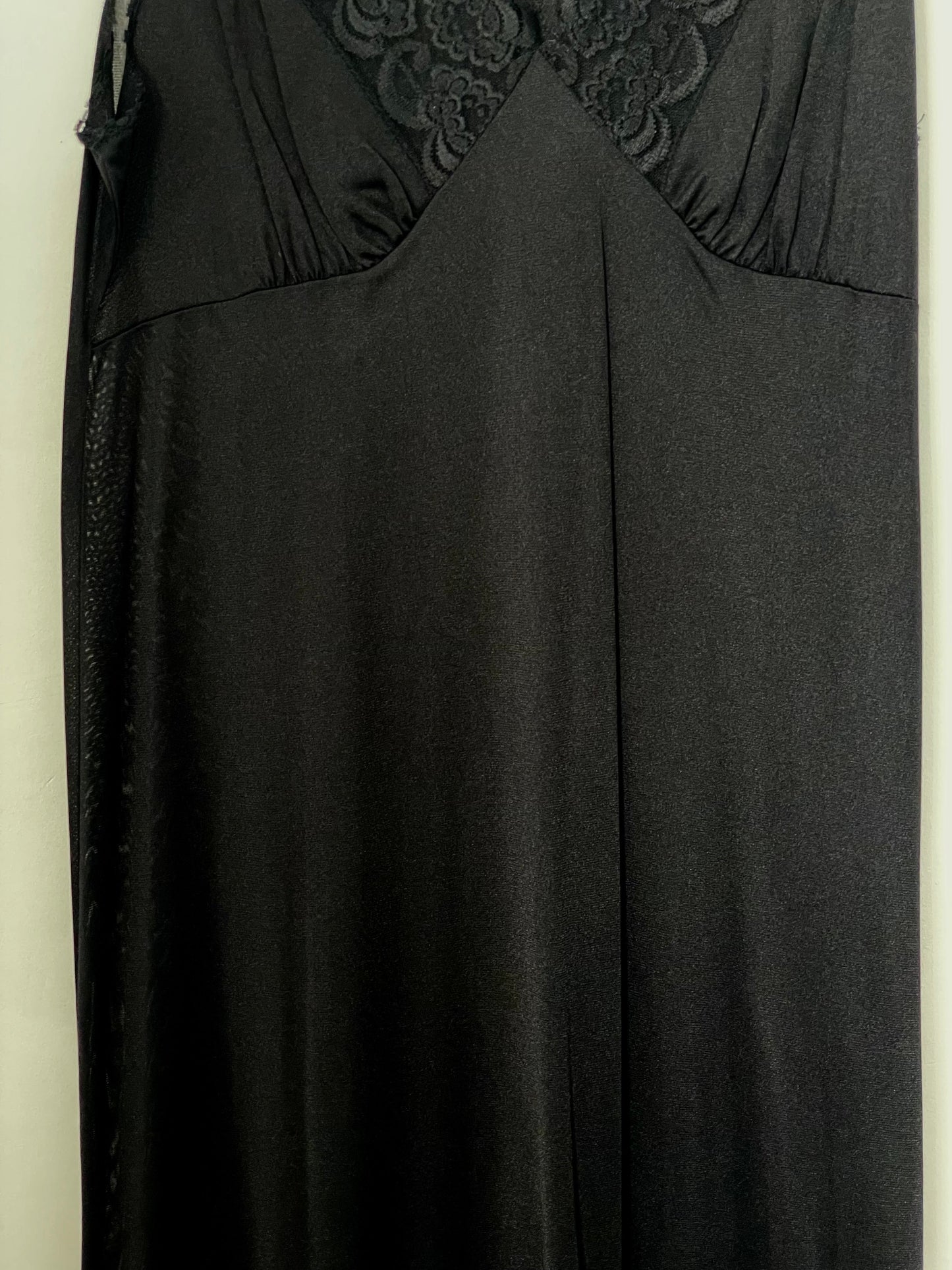 Vintage Midi Plunge Neck Lace Bust Black Slip Dress Elegance