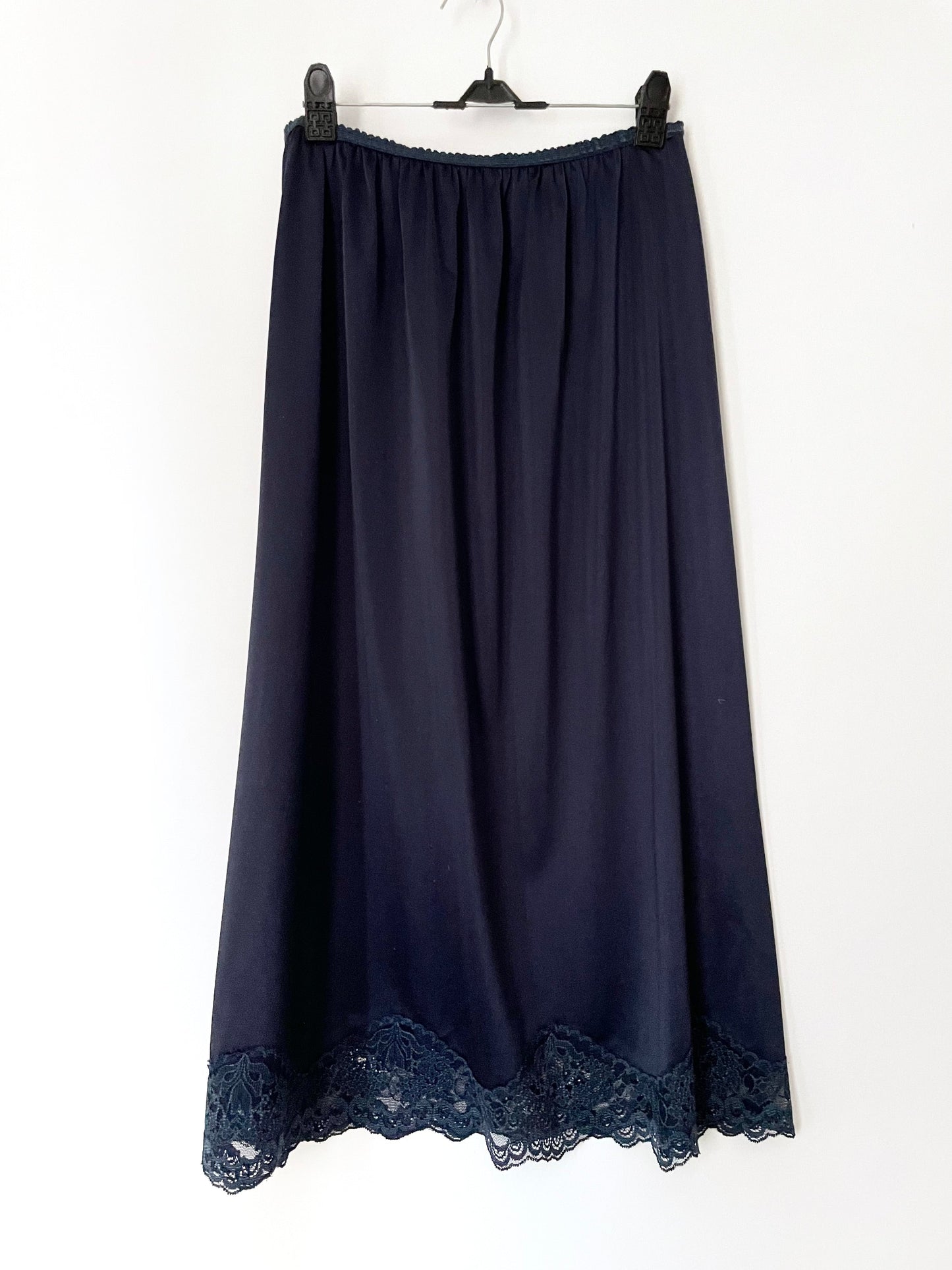 Vintage Navy Slip Skirt with Lace Trim and Elasticated Waist