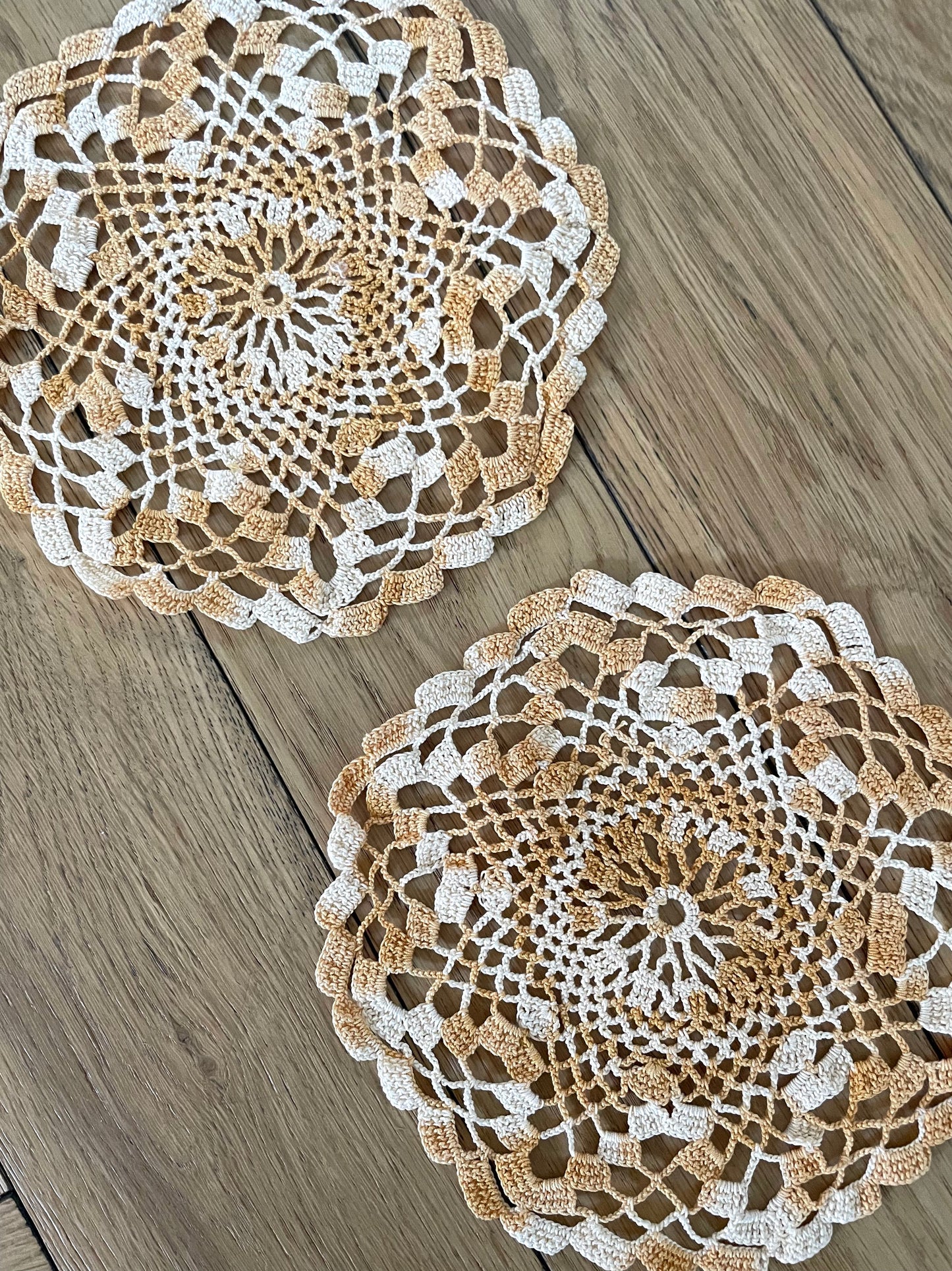 Vintage Pair of Handmade Orange Two Tone Doilies for Home Decor