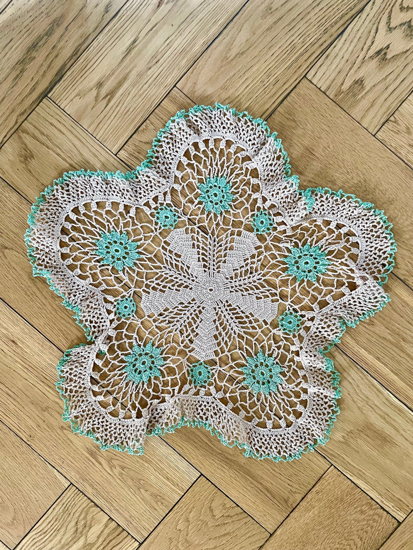 Vintage Green and Taupe Five Point Star Doily for Home Decor