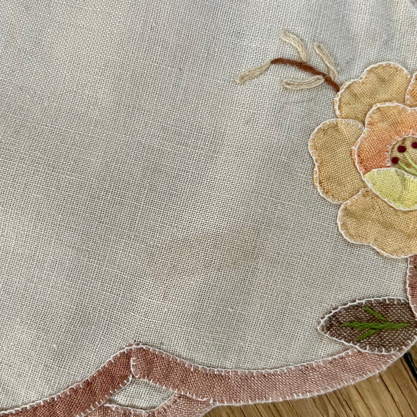 Vintage Hand Embroidered 70s Cream and Orange Floral Table Cloth