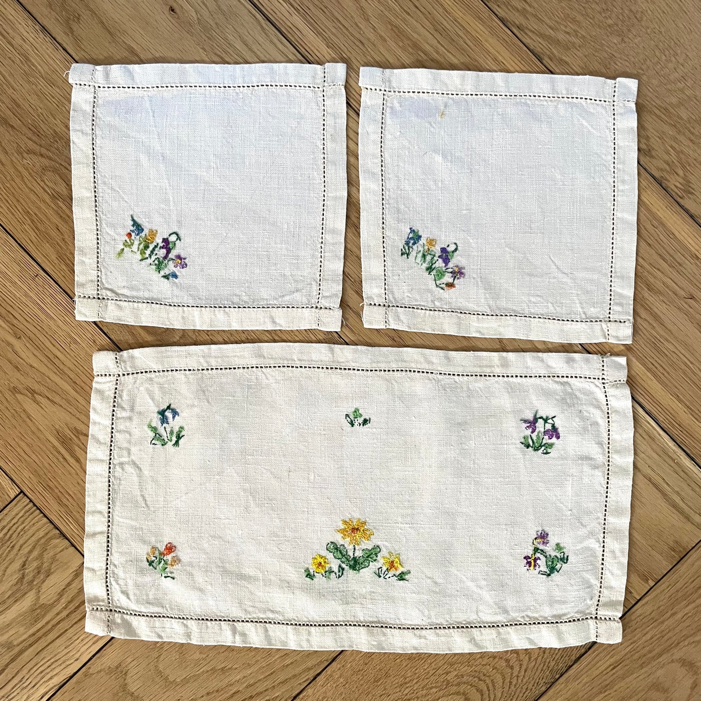 Vintage Three Piece Wildflower Cream Hand Embroidered Set