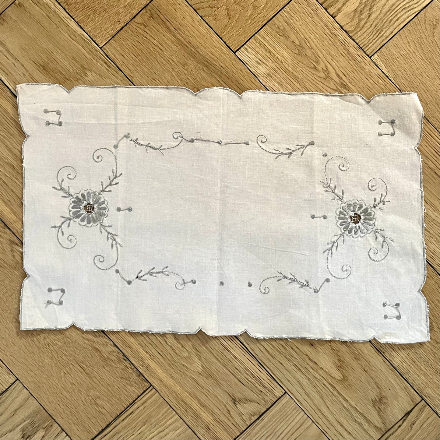 Vintage Rectangular Cream Grey Embroidered Dressing Table Cloth
