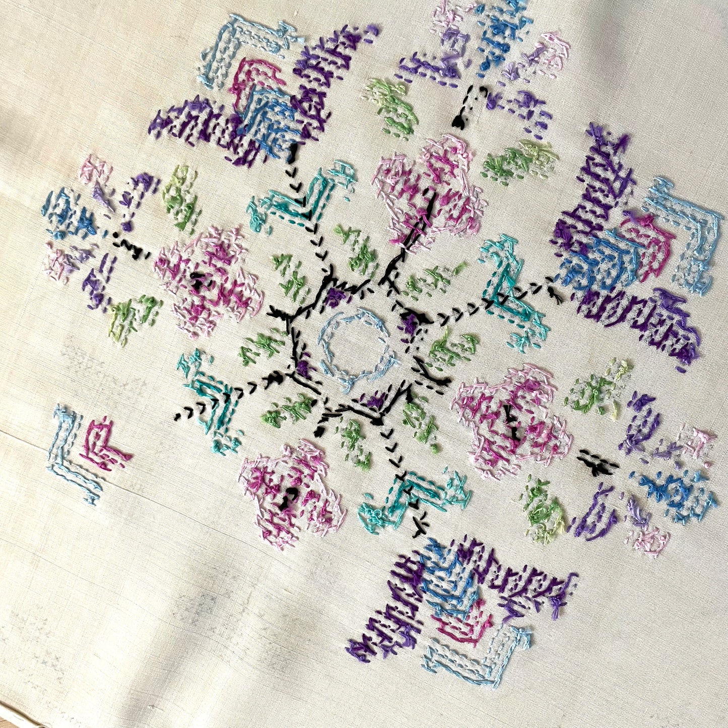 Vintage Cream and Blue Floral Cross Stitch Half Finished Linen