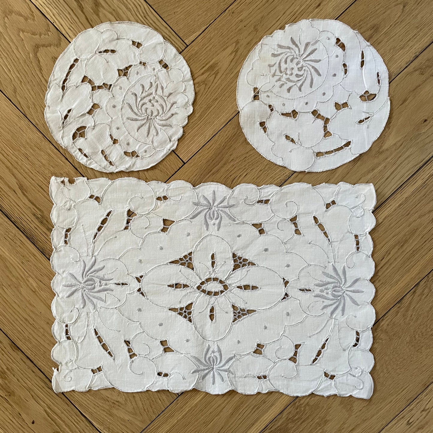 Vintage Three Piece Cutwork Grey and White Floral Table Set