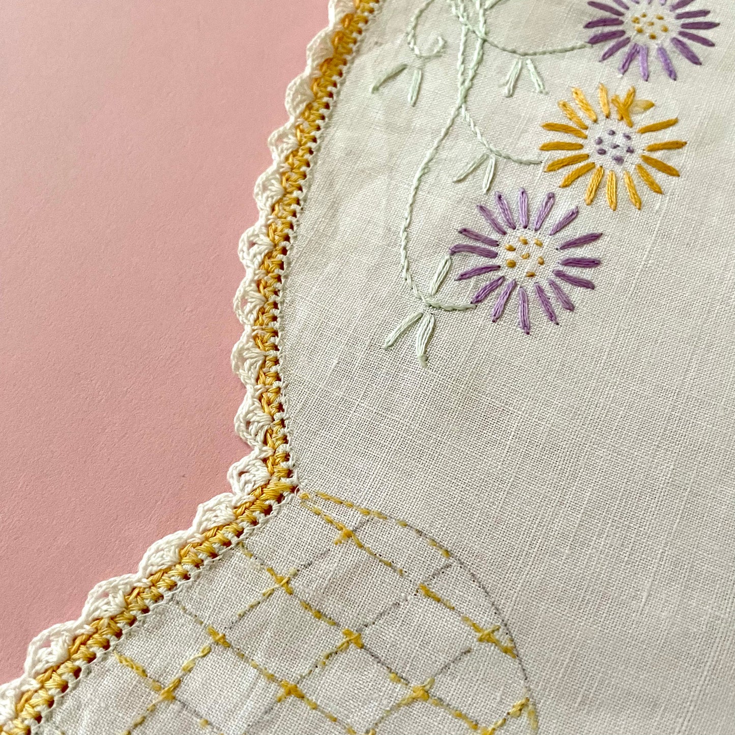 Vintage Oval Cream and Pastel Floral Hand Embroidered Cloth