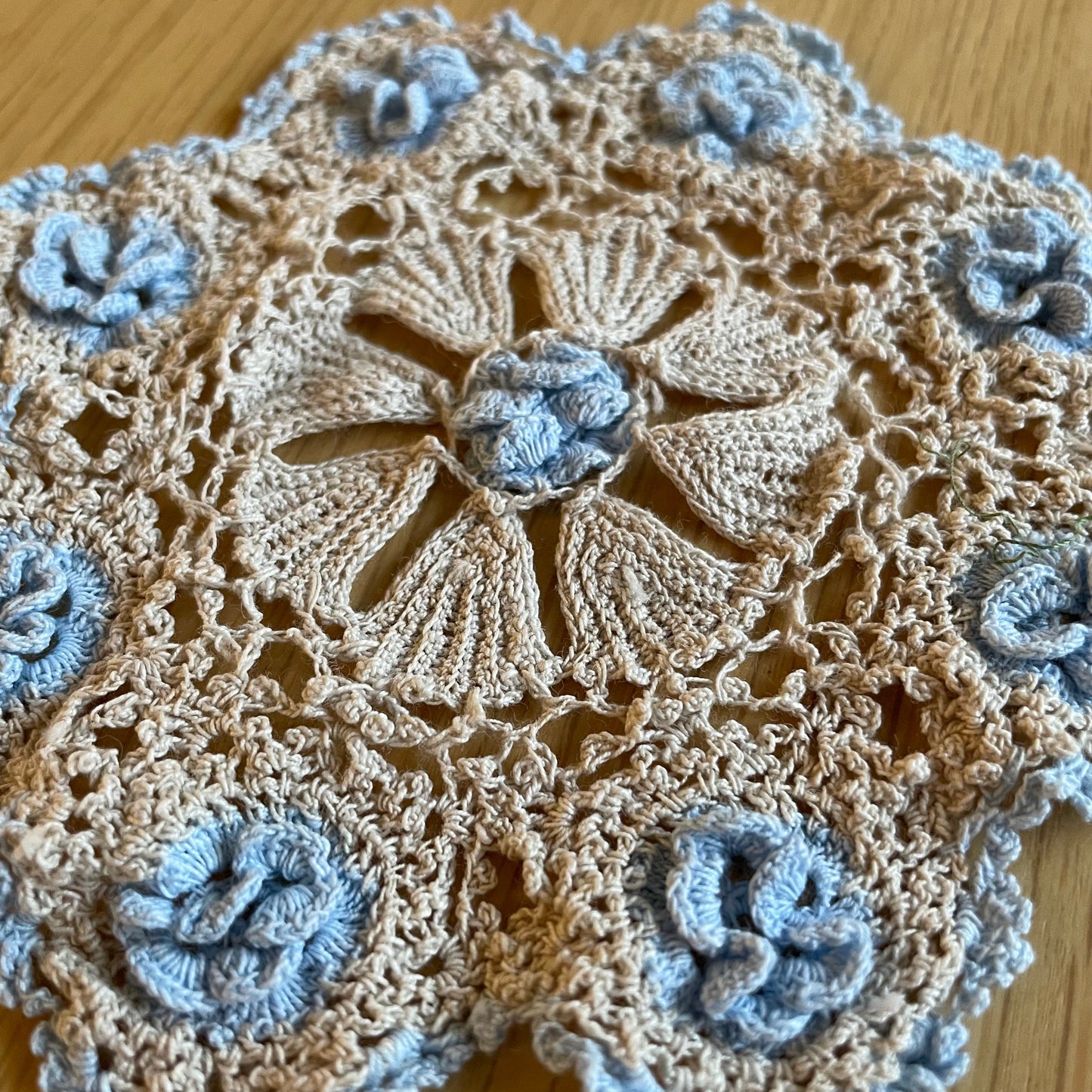 Vintage Floral Round Doily in Taupe and Light Blue for Home Décor