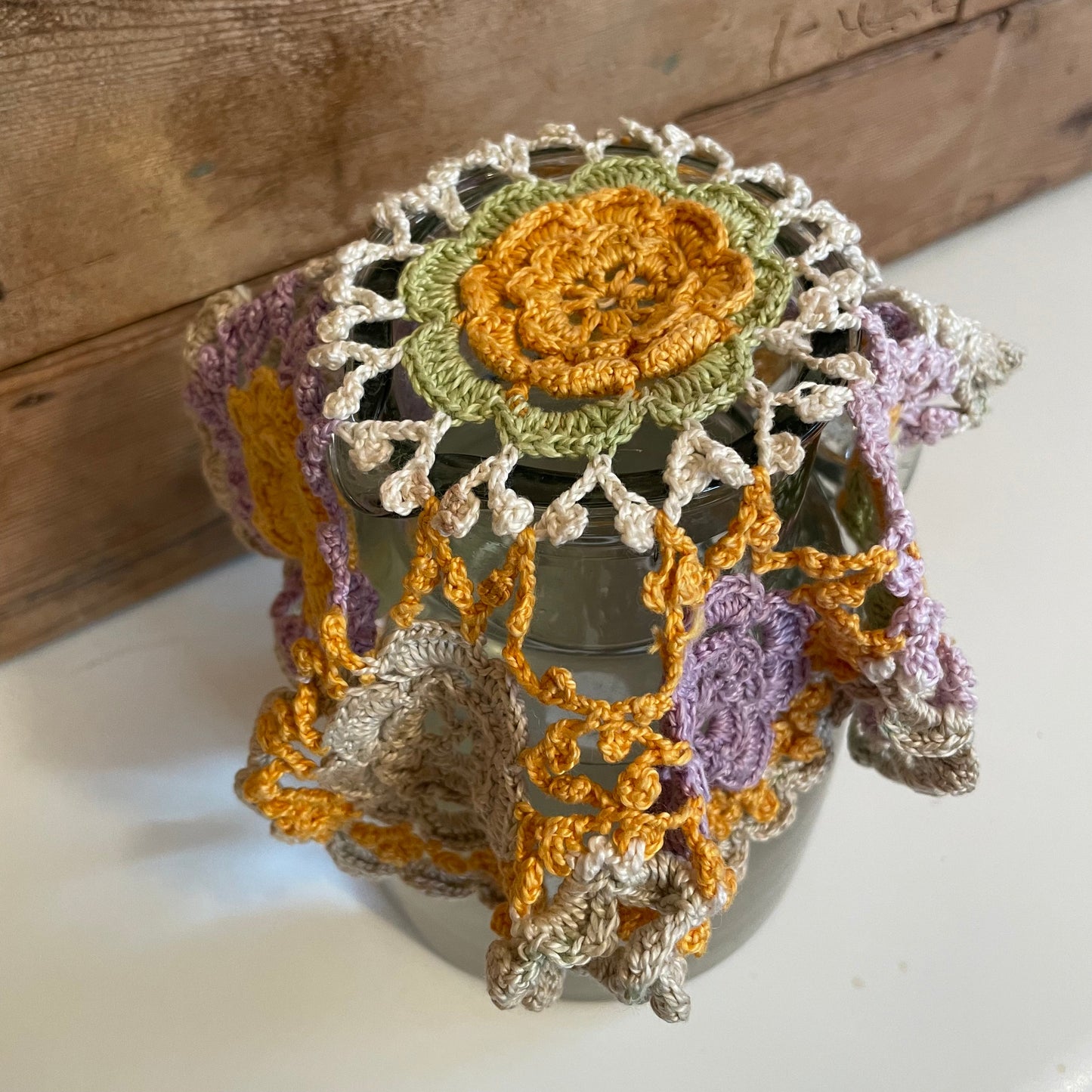 Vintage Flower Shaped Hand Crocheted Multicoloured Pastel Spring Doily Jug Cover Antique, Home Decor, Table, Lace, Crochet