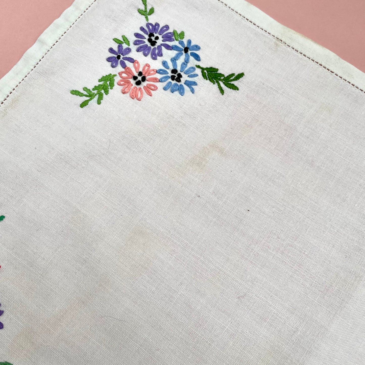 Vintage Hand Embroidered Floral Dressing Table Cloth Linen