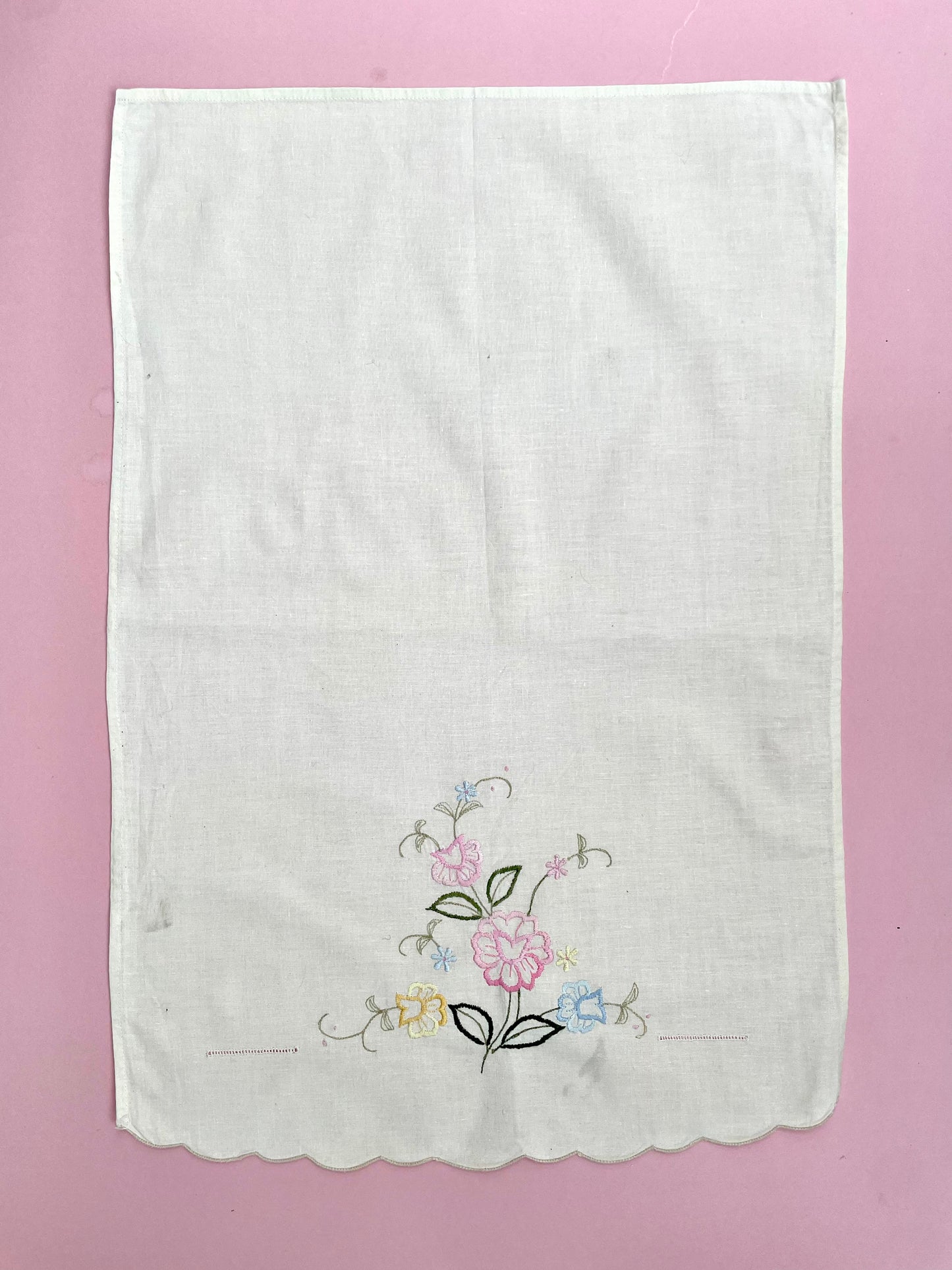 Vintage Cream Table Cloth with Floral Embroidery and Scallop Edge