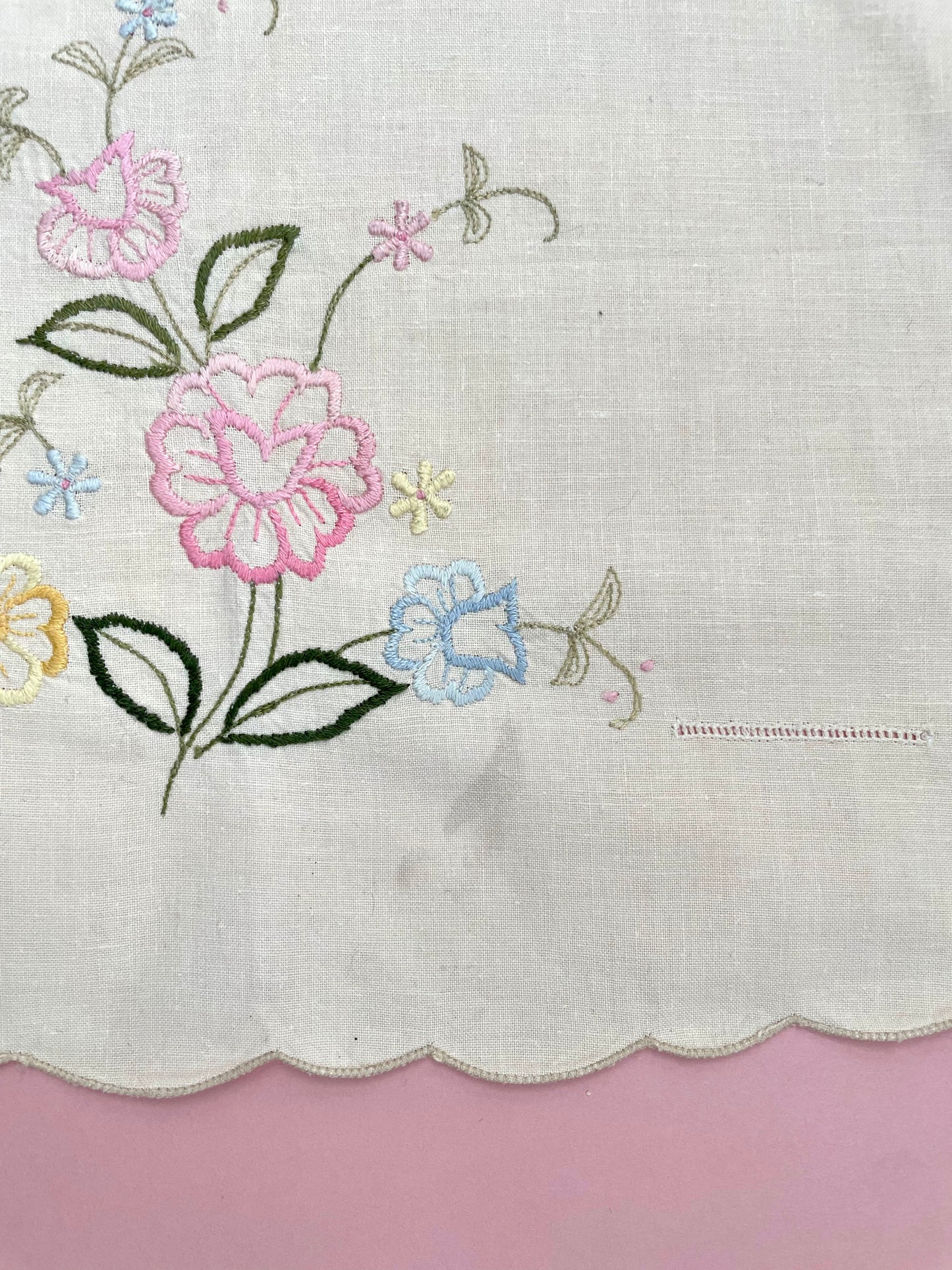 Vintage Cream Table Cloth with Floral Embroidery and Scallop Edge