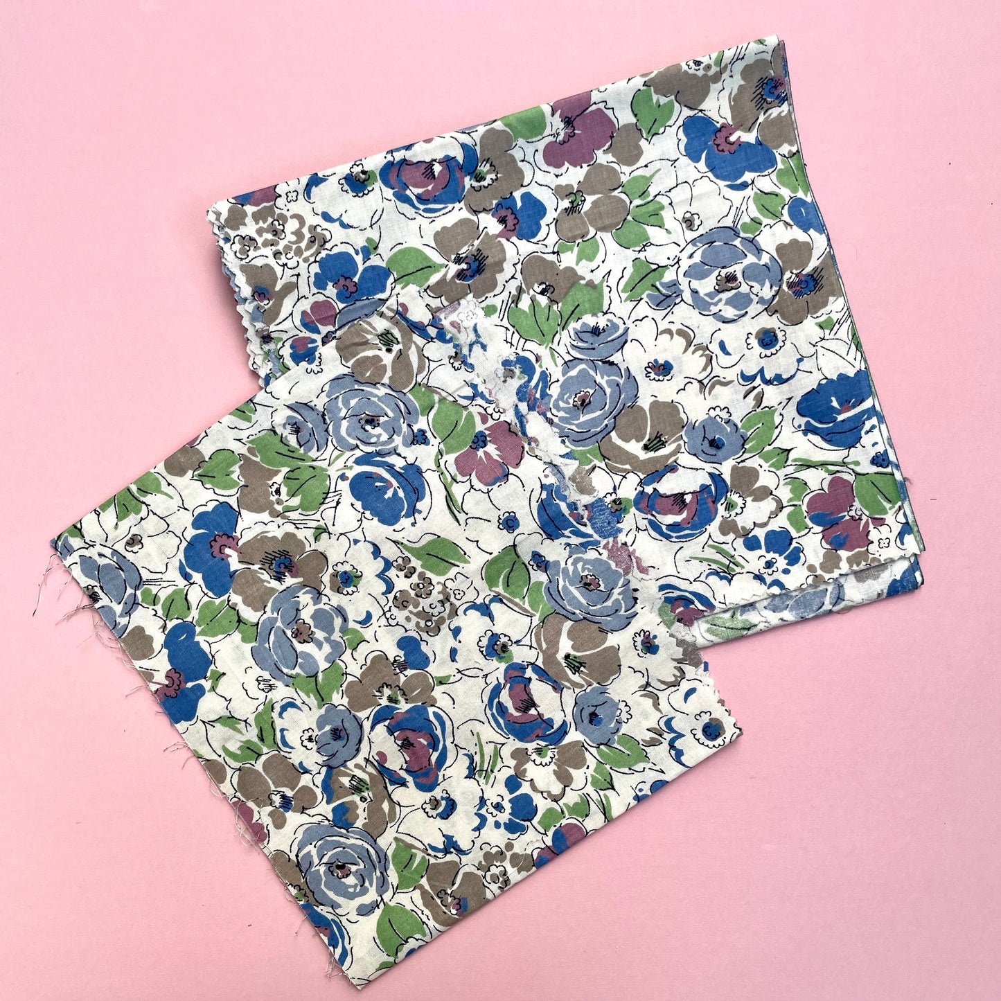 Vintage White, Blue, Purple and Green Floral Sketch Remnant Fabric by Liberty London. 3 Pieces Haberdashery, Craft, Sewing, Scraps, Retro