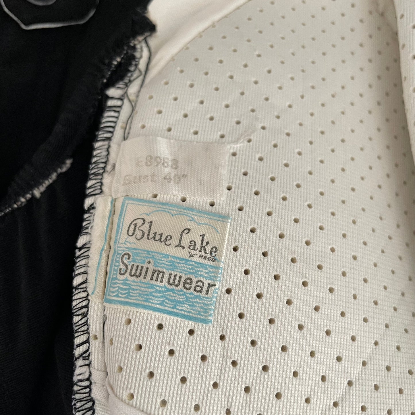 Vintage Black & White Blue Lake Padded Floral One Piece Swimming Costume.