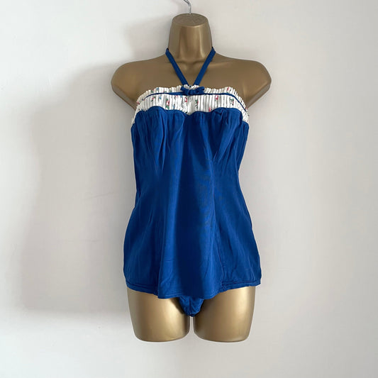 Vintage 19050s Blue Halterneck Pleated One Piece Swimming Costume with Floral Pattern
