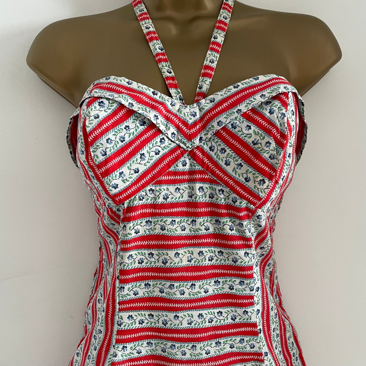 Vintage Red and White Halterneck Floral Stripe Swimming Costume