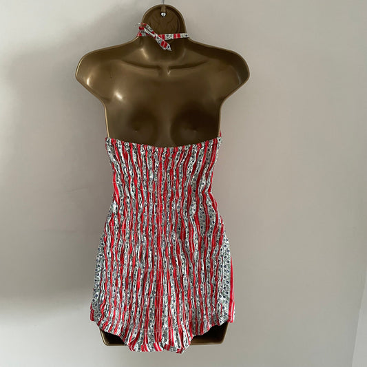 Vintage Red and White Halterneck Floral Stripe Cotton One Piece Swimming Costume