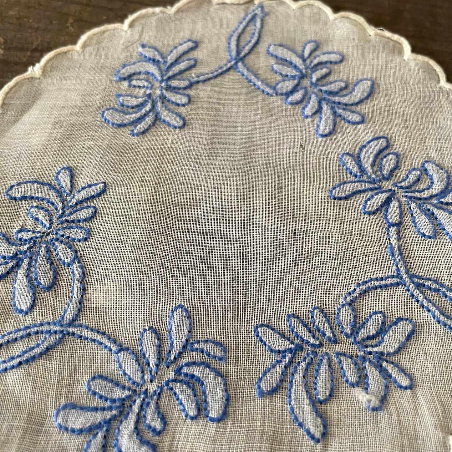 Vintage Blue and White Sheer Scallop Doily for Crafting