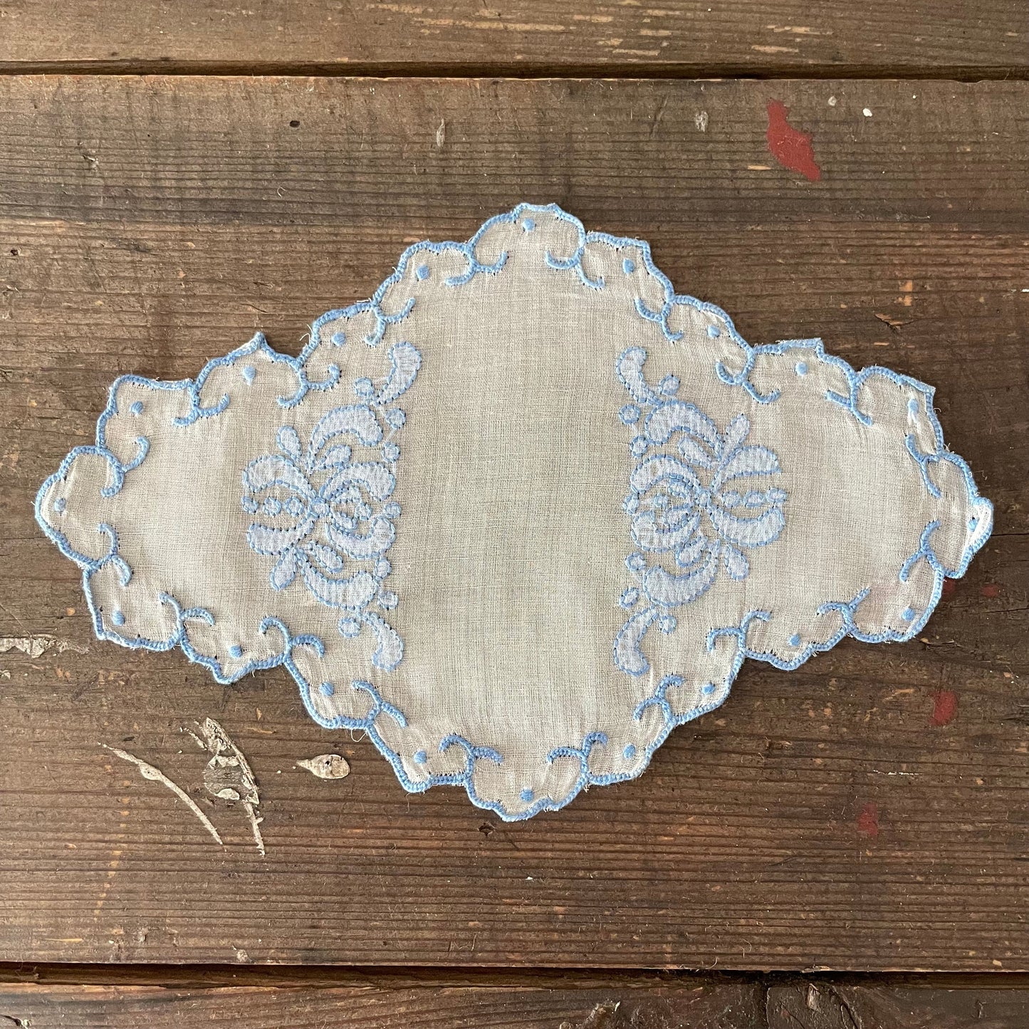 Vintage White and Blue Sheer Embroidered Doily Placemat for Craft