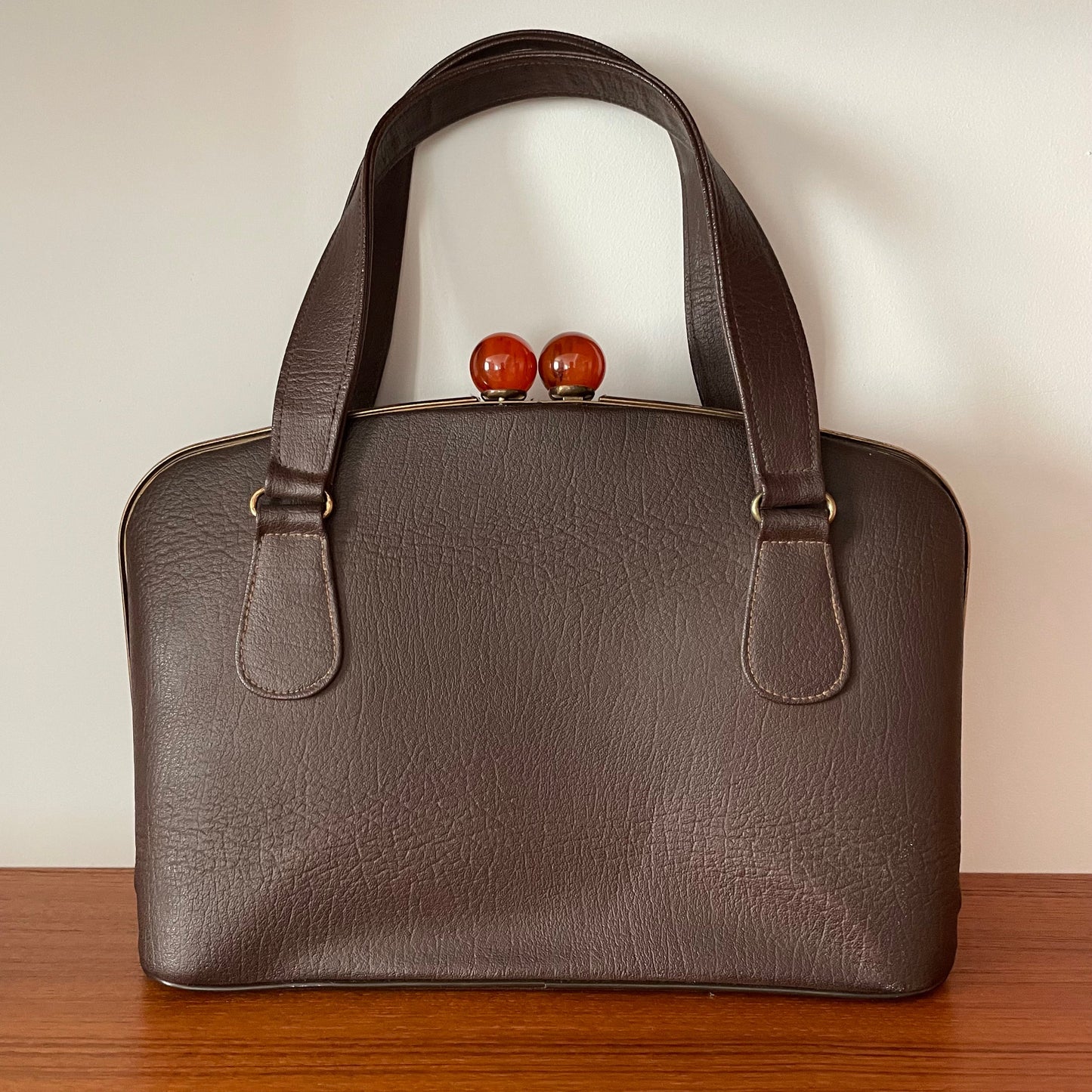 Large Brown Handbag with Lucite Clasp, Retro 60s Style Vintage Purse