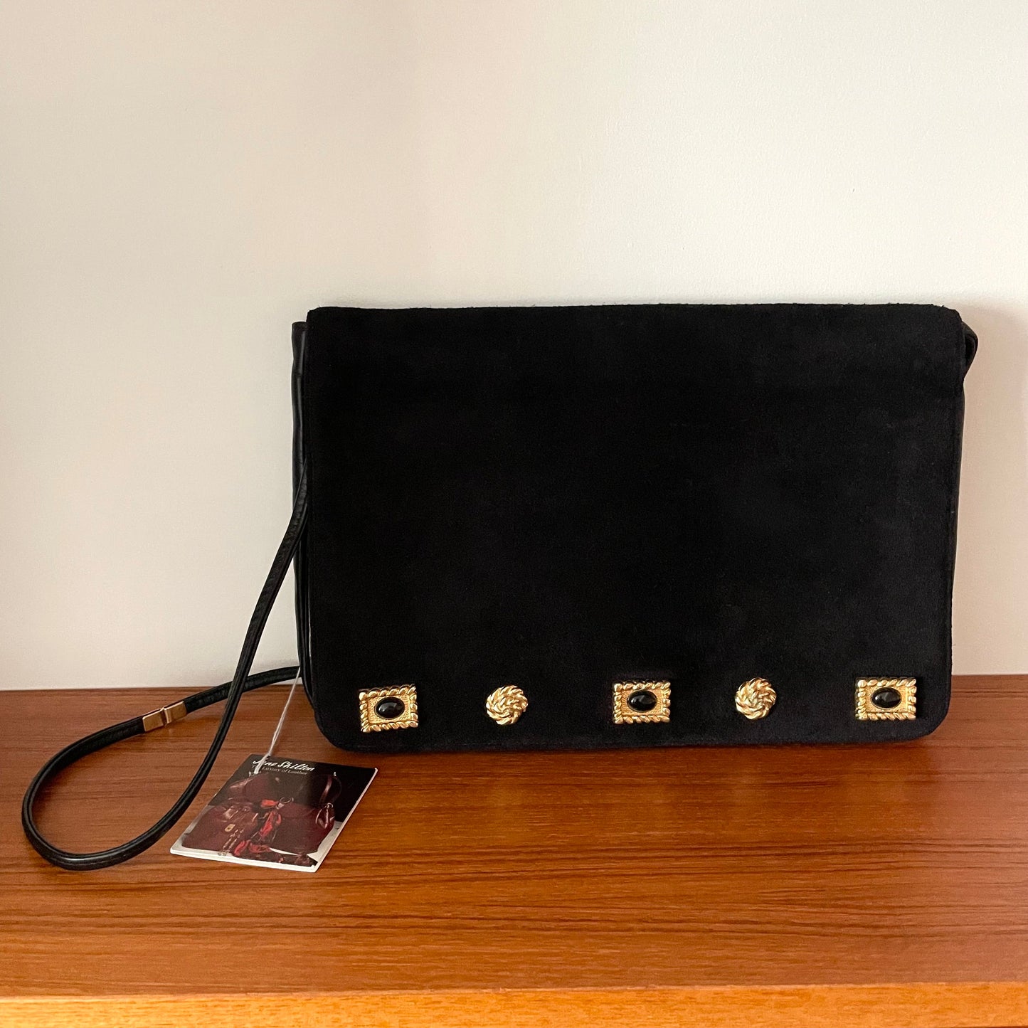 Jane Shilton Black Leather Suede 80s Shoulder Handbag Vintage
