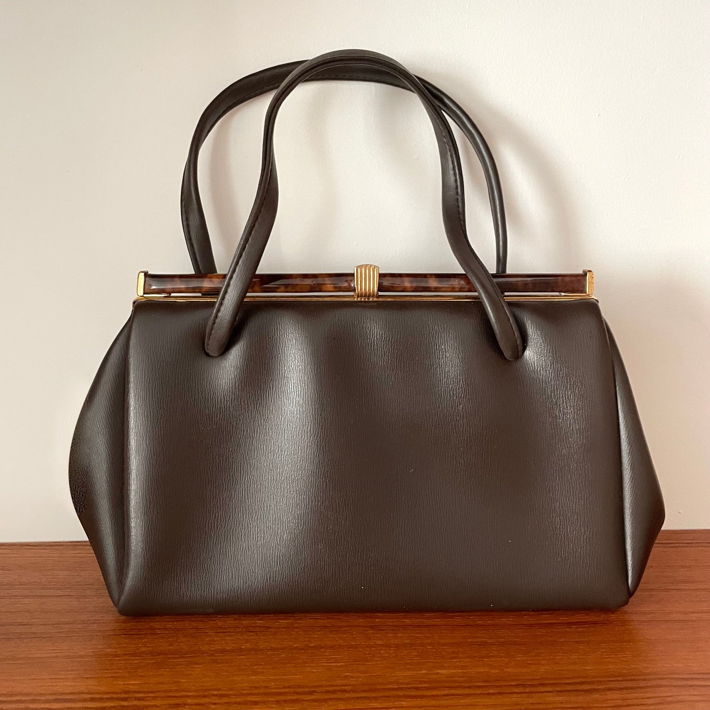Brown Leather Tortoishell Detail Top Handle Handbag Vintage