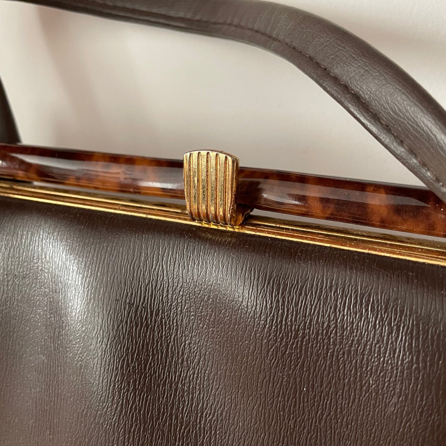 Brown Leather Tortoishell Detail Top Handle Handbag Vintage