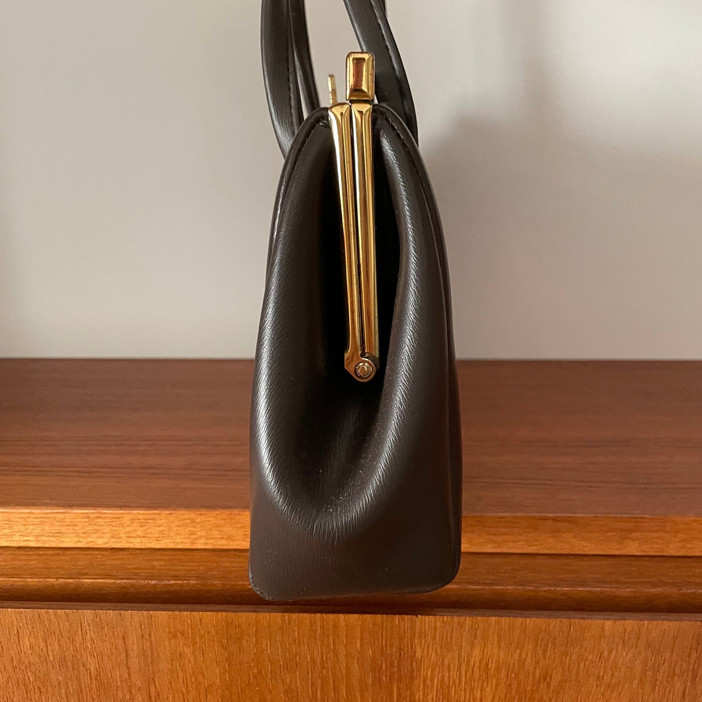 Brown Leather Tortoishell Detail Top Handle Handbag Vintage