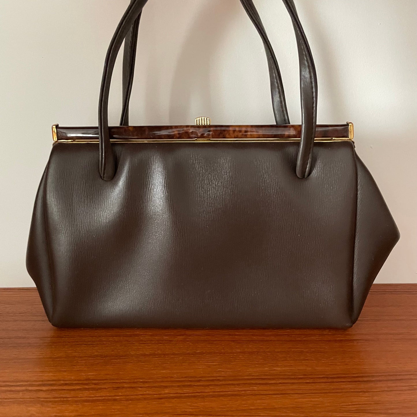 Brown Leather Tortoishell Detail Top Handle Handbag Vintage