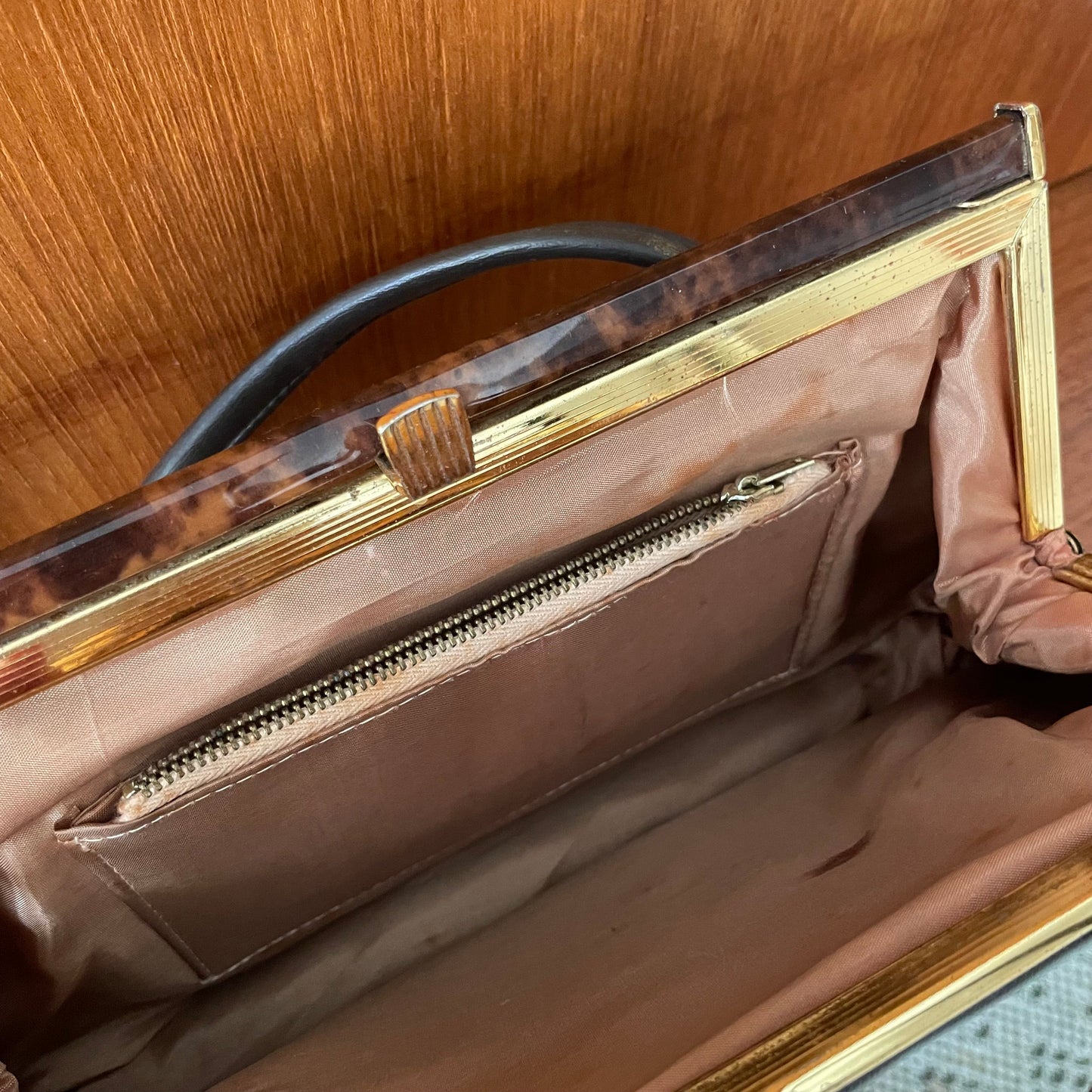 Brown Leather Tortoishell Detail Top Handle Handbag Vintage