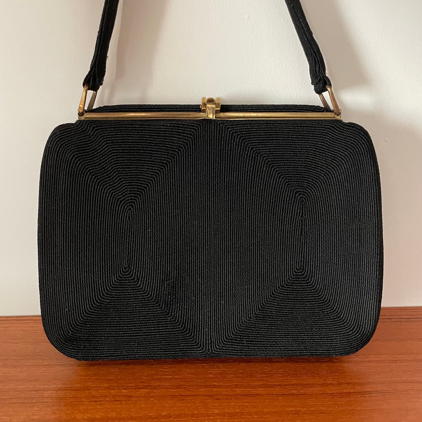 Vintage Black Corde Evening Top Handle Handbag Made In England