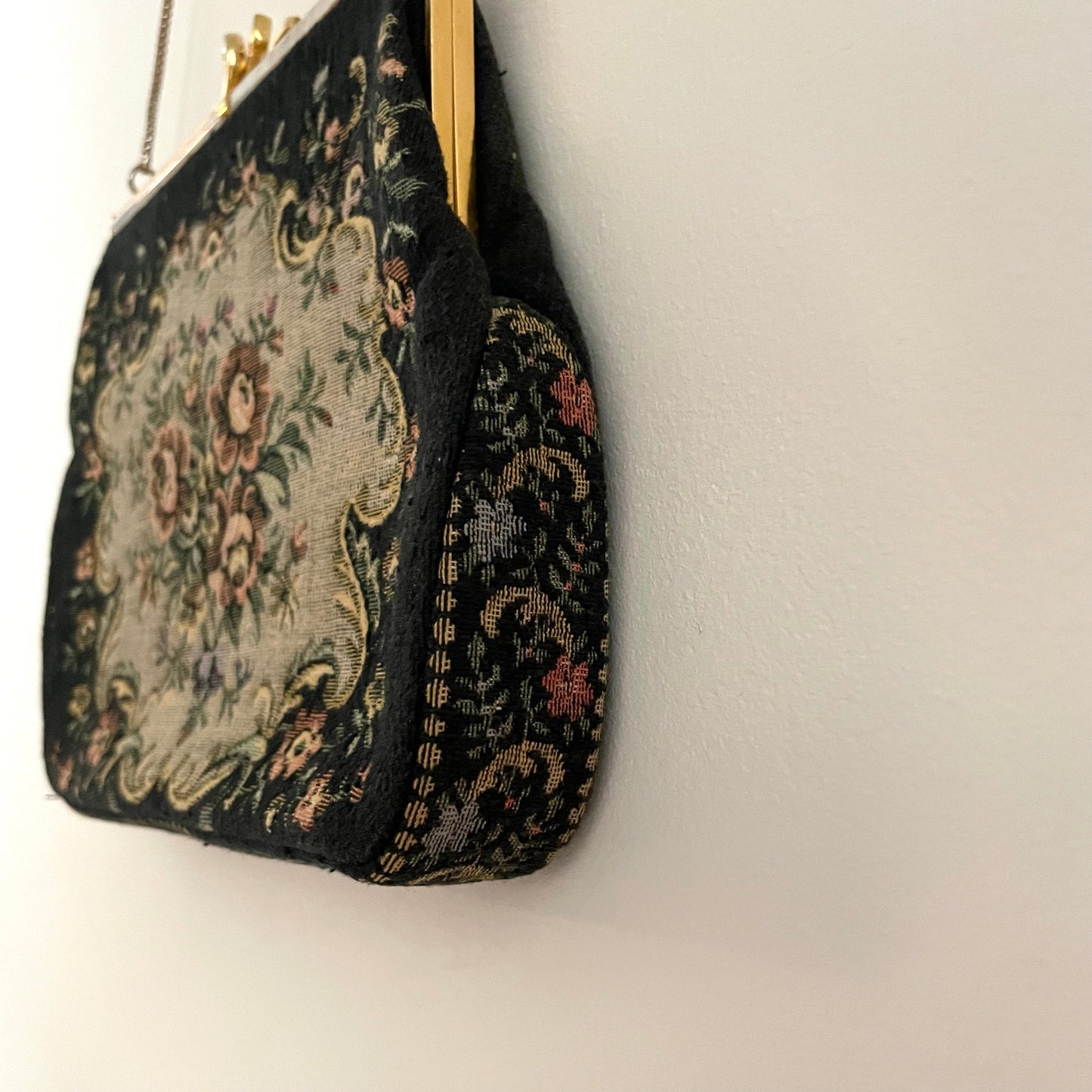 Vintage Floral Black and Patterned Tapestry Petit Point Evening Handbag