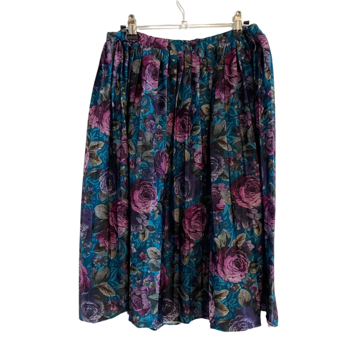 Vintage Blue and Purple Floral Pleated Midi Skirt Elegance