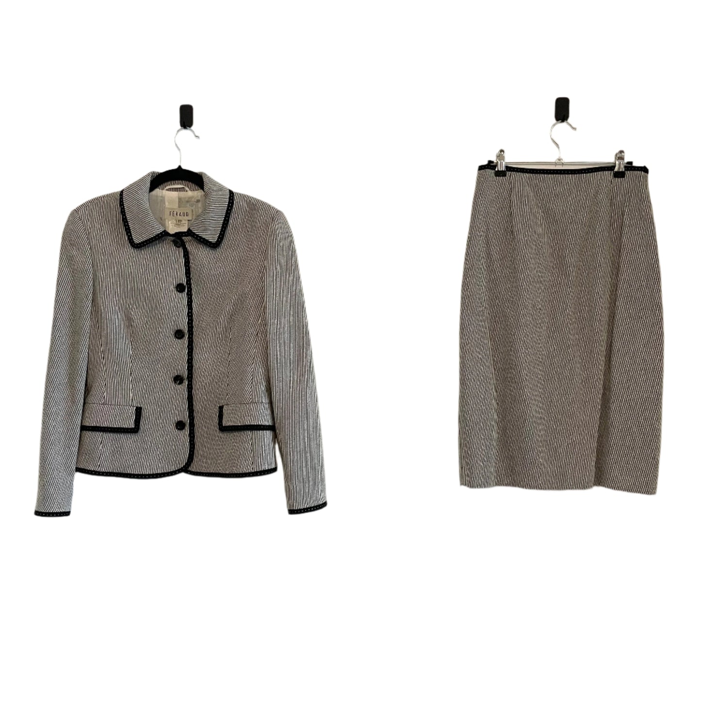 Vintage Louis Feraud Wool Monochrome Striped Skirt Suit Set
