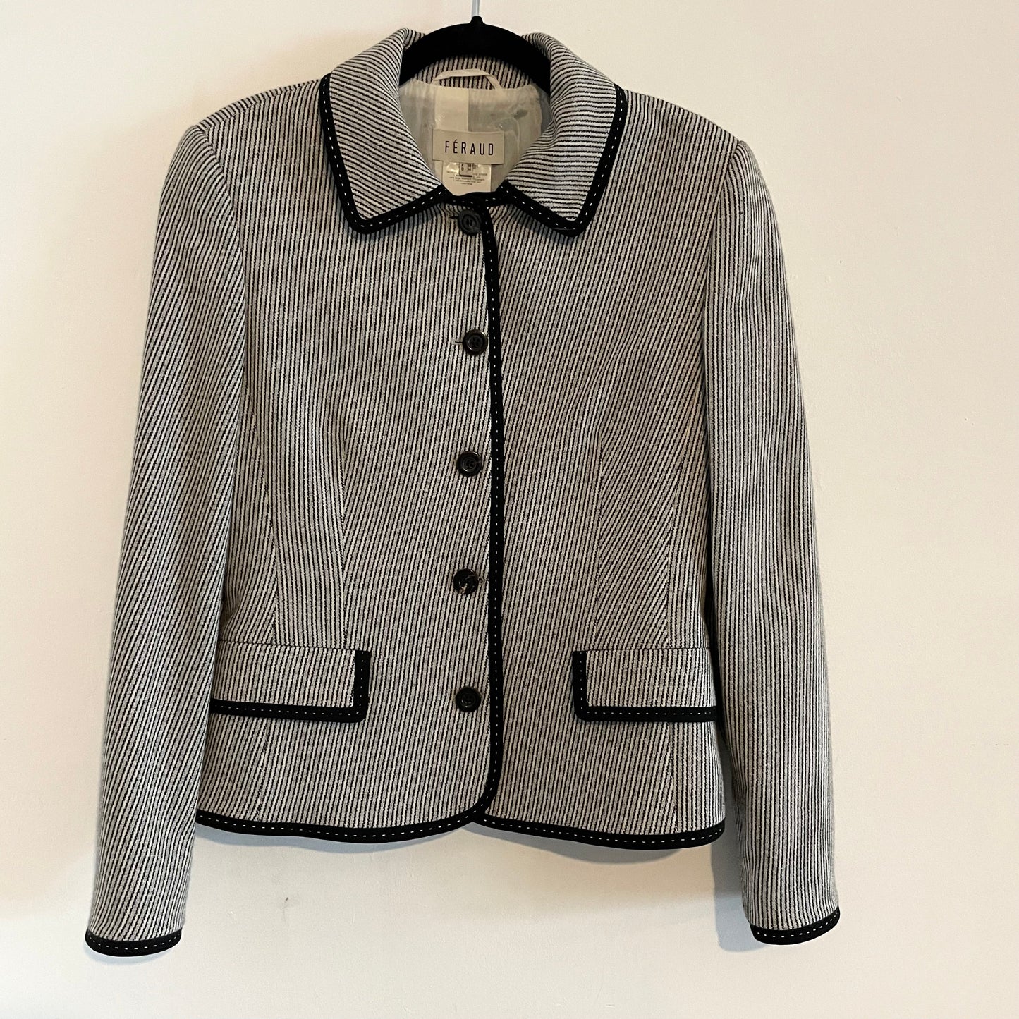 Vintage Louis Feraud Wool Monochrome Striped Skirt Suit Set