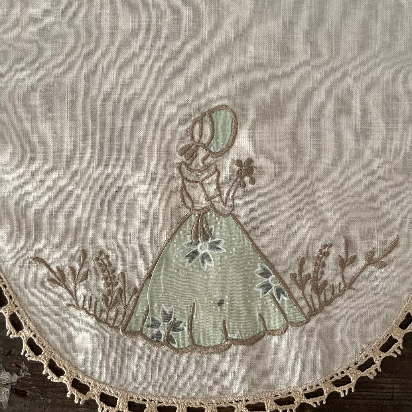 Vintage Cream and Green Crinoline Lady Oval Table Mat Cloth
