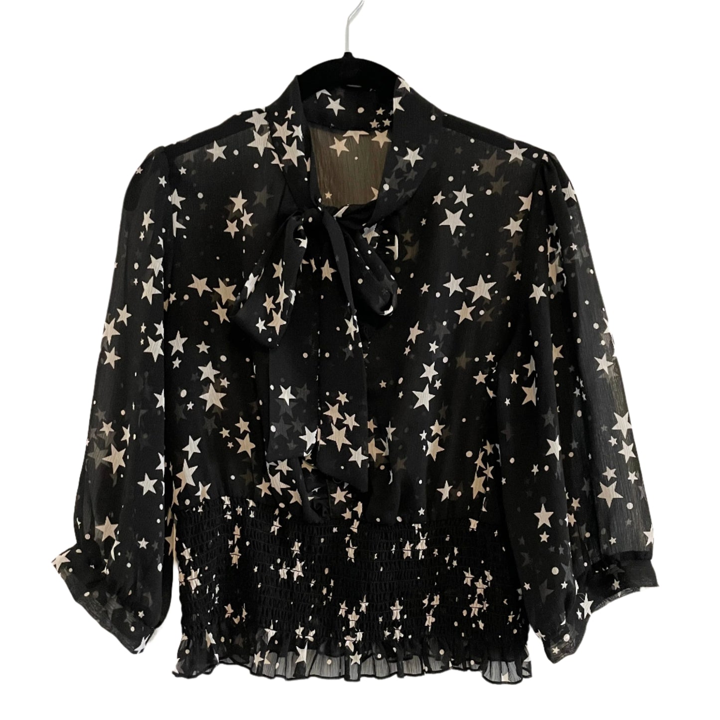 Vintage Black Star Pattern Cinched Sheer Pussy Bow Blouse