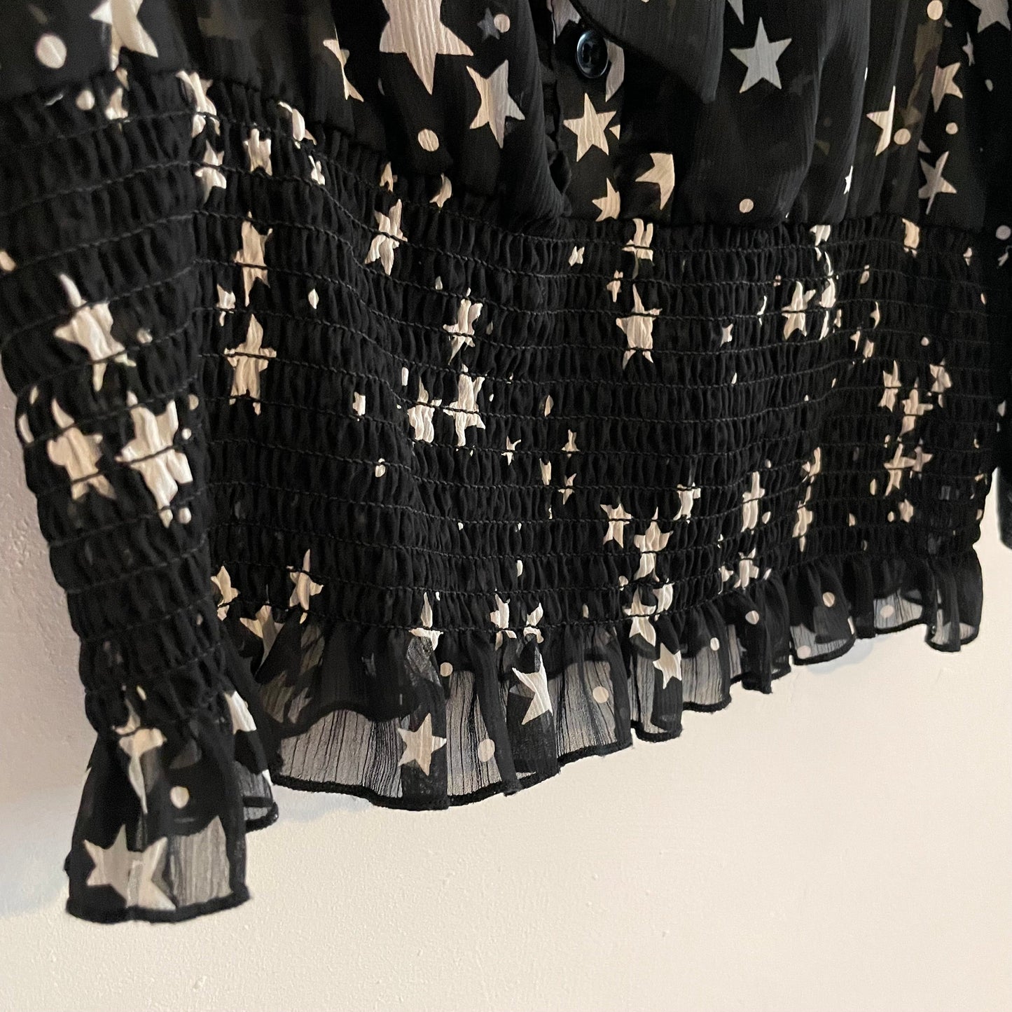 Vintage Black Star Pattern Cinched Sheer Pussy Bow Blouse